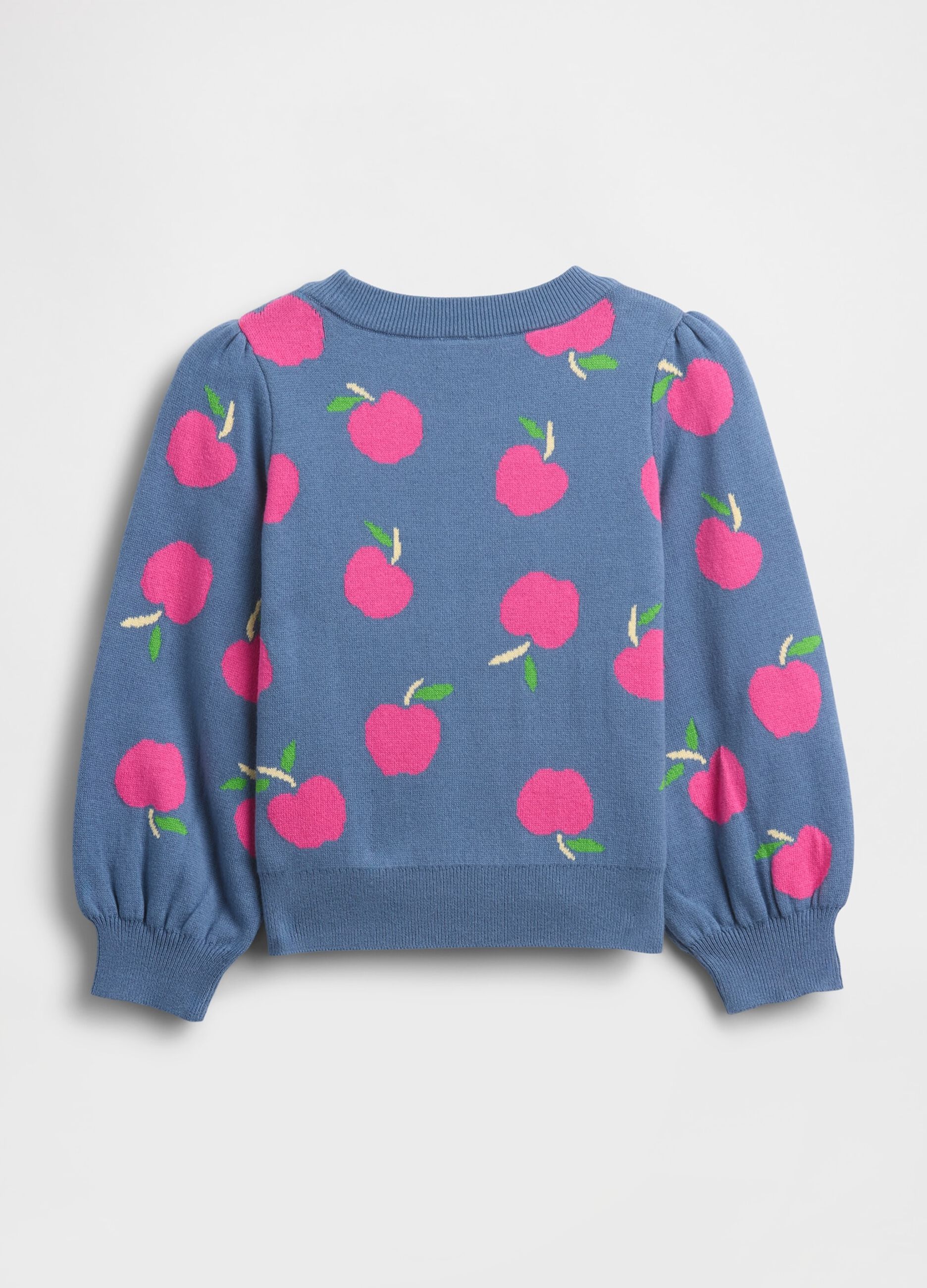Maglione blu per bambina con stampa di mele_1