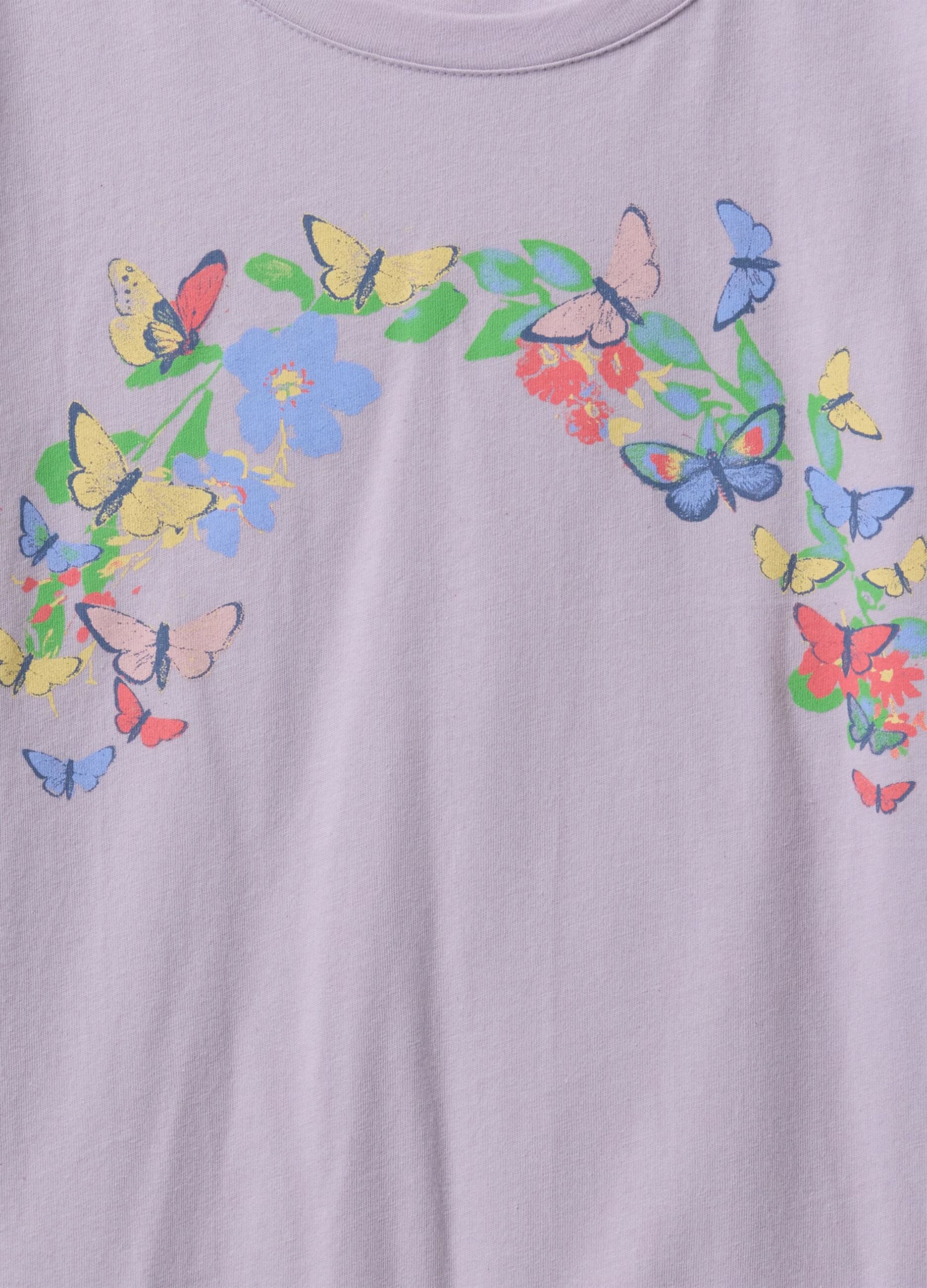 T-shirt viola in cotone con stampa farfalle e fiori_3