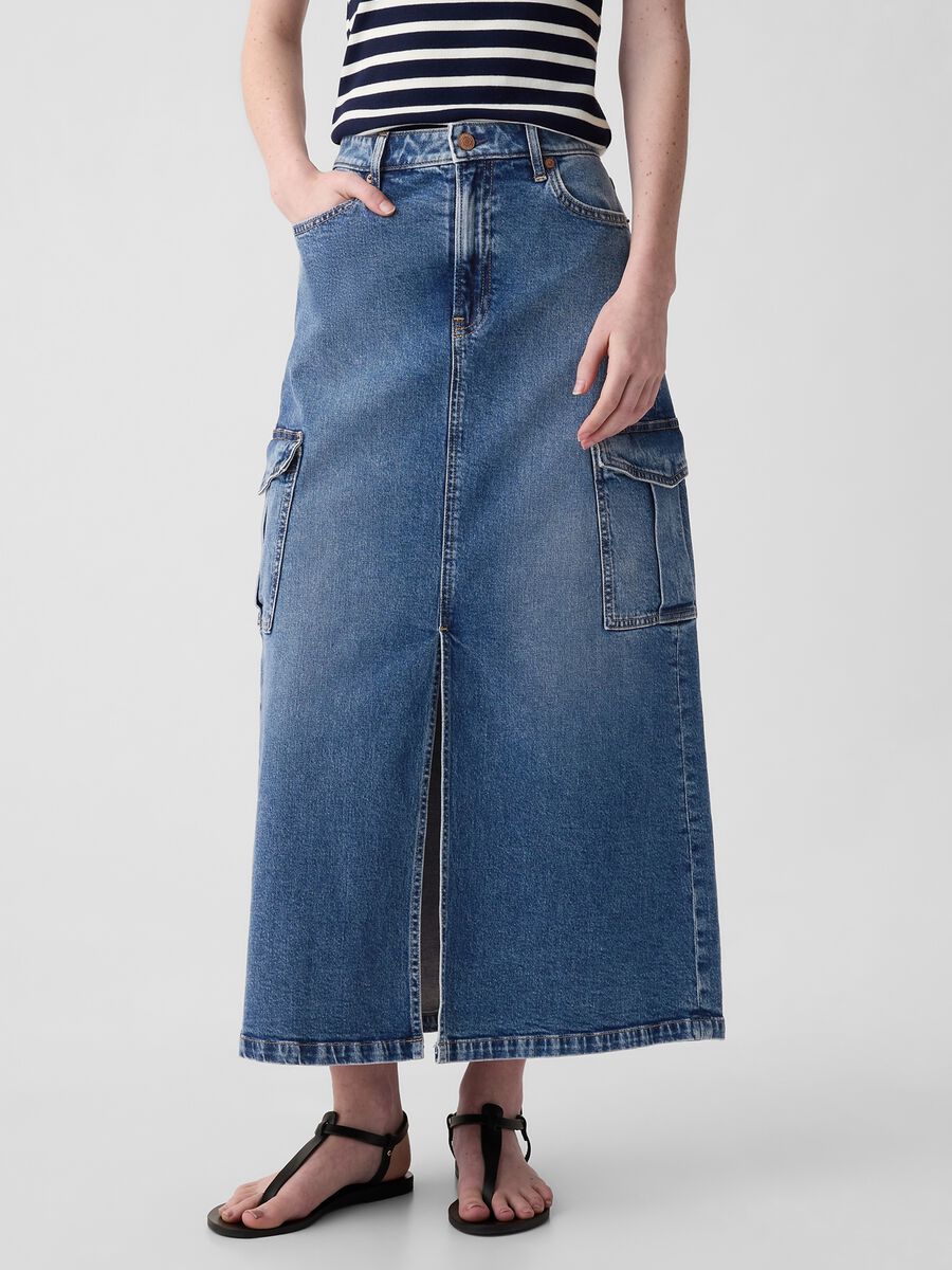 Gonna lunga cargo in denim Donna_1