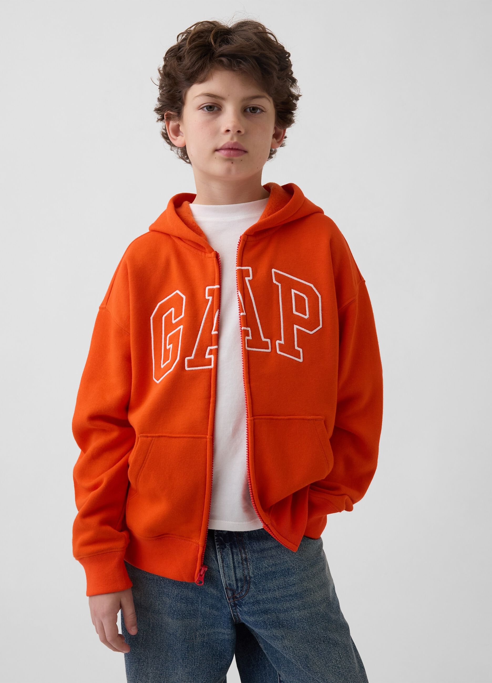 Felpa in misto cotone arancione da bambino con logo, zip e cappuccio