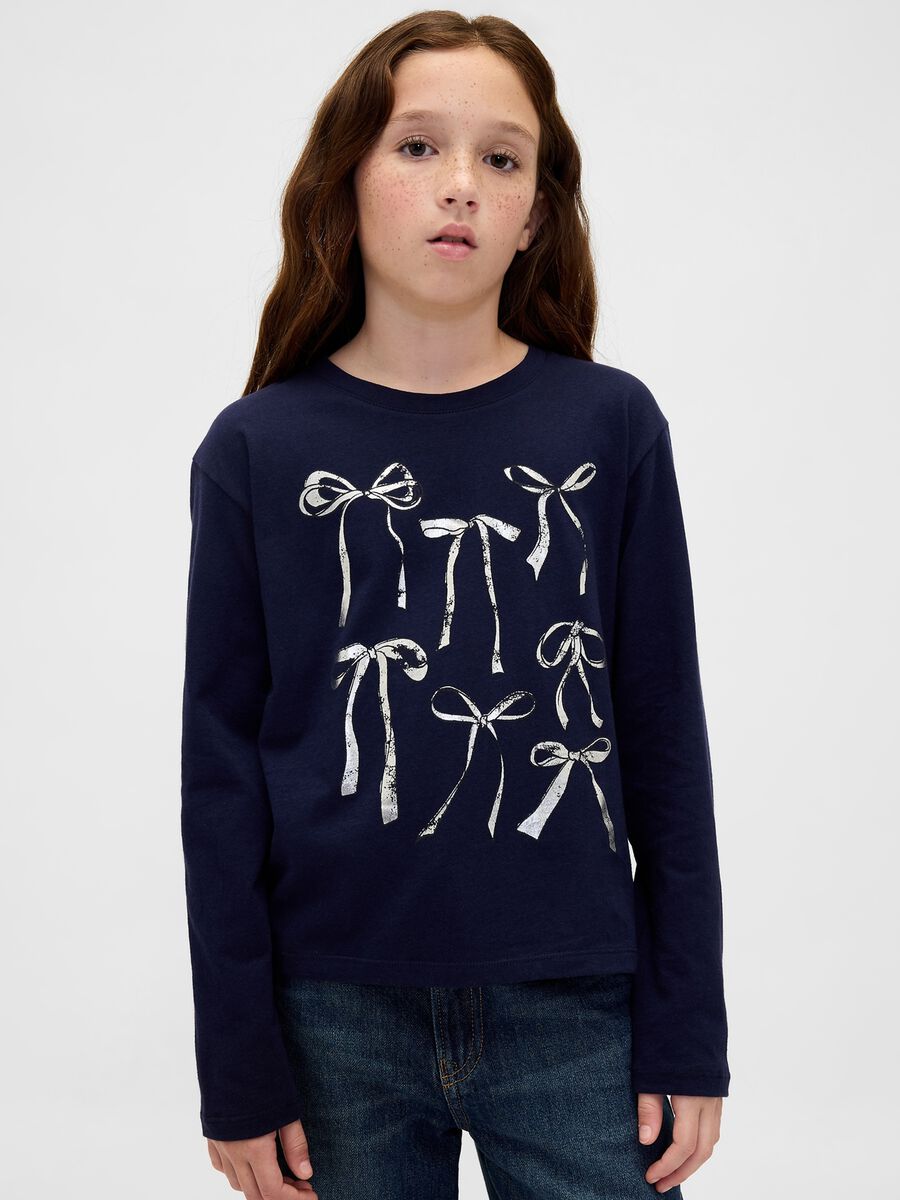 Long-sleeved blue cotton shirt with bows Girl_0