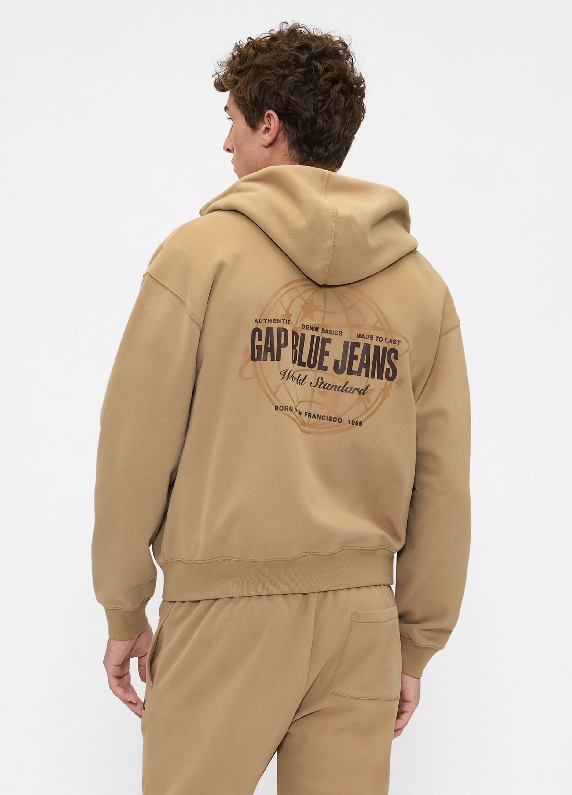 Felpa beige con cappuccio e zip integrale_1