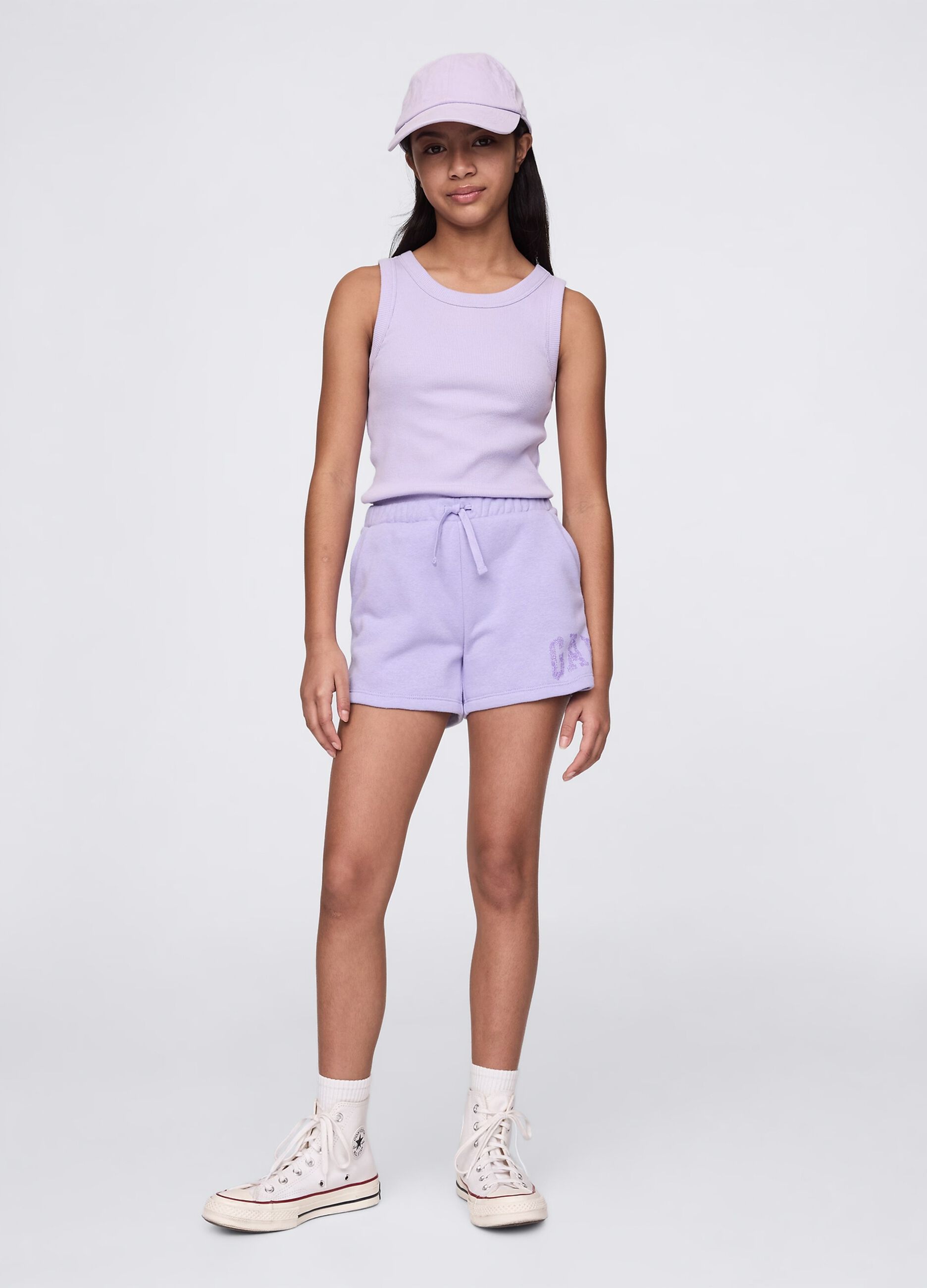 Shorts viola con coulisse e stampa logo