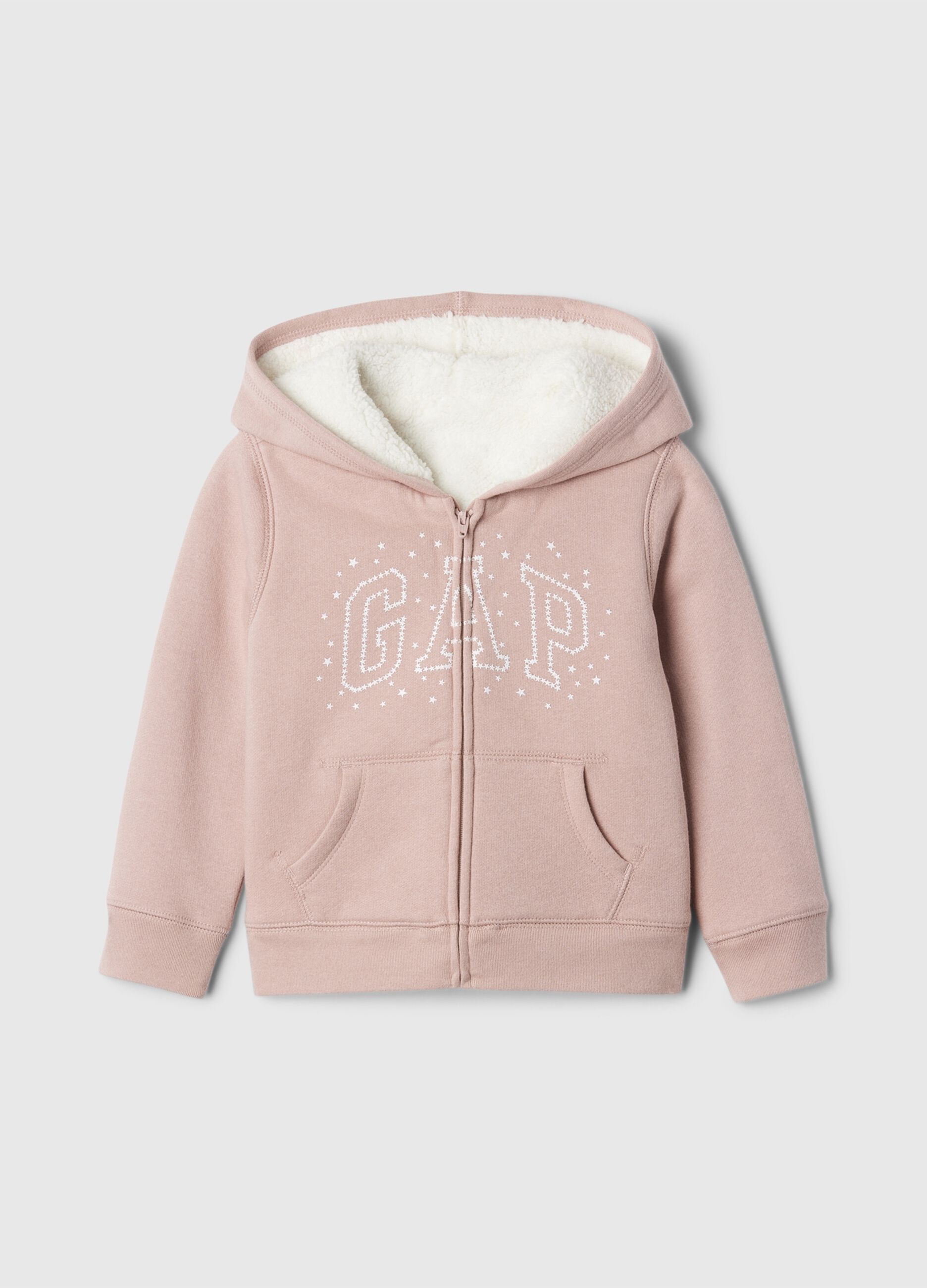 Full-zip sweatshirt and hood with sherpa lining