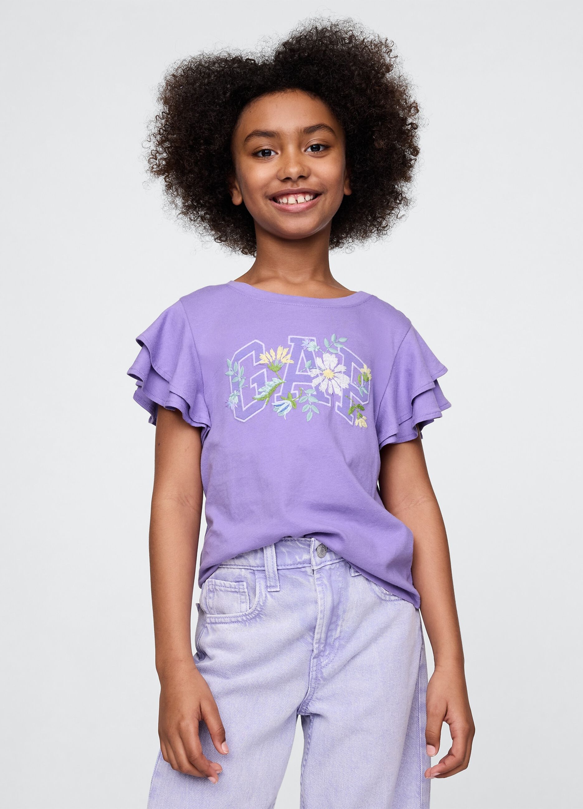 T-shirt viola a maniche corte con volant e logo GAP