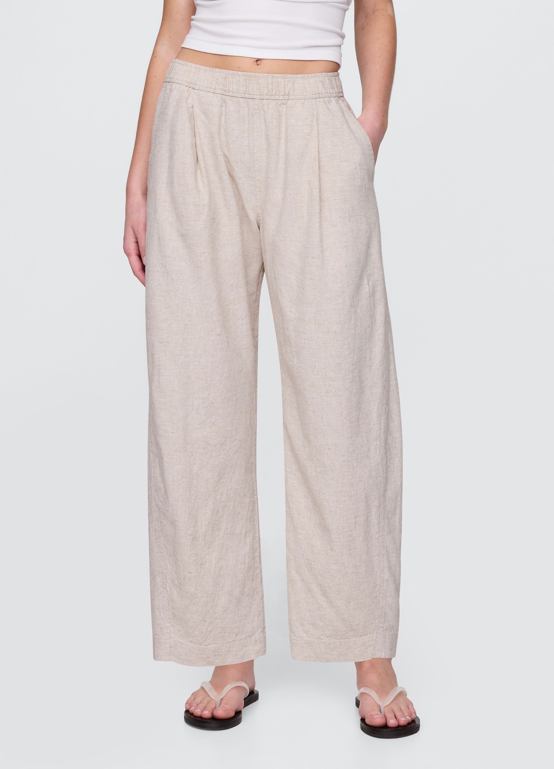 Pantaloni ampi beige in lino e viscosa_1