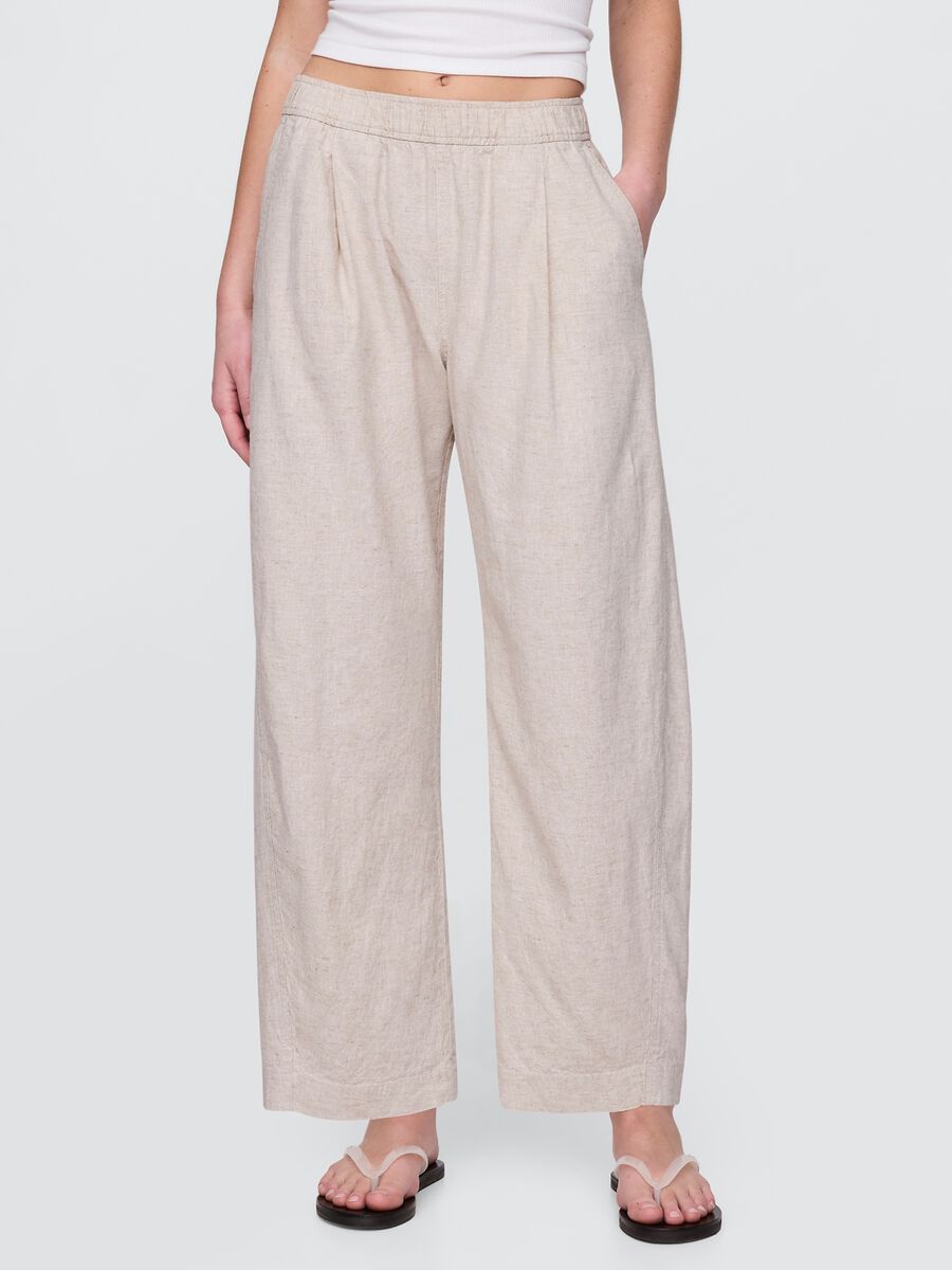 Pantaloni ampi beige in lino e viscosa Donna_1