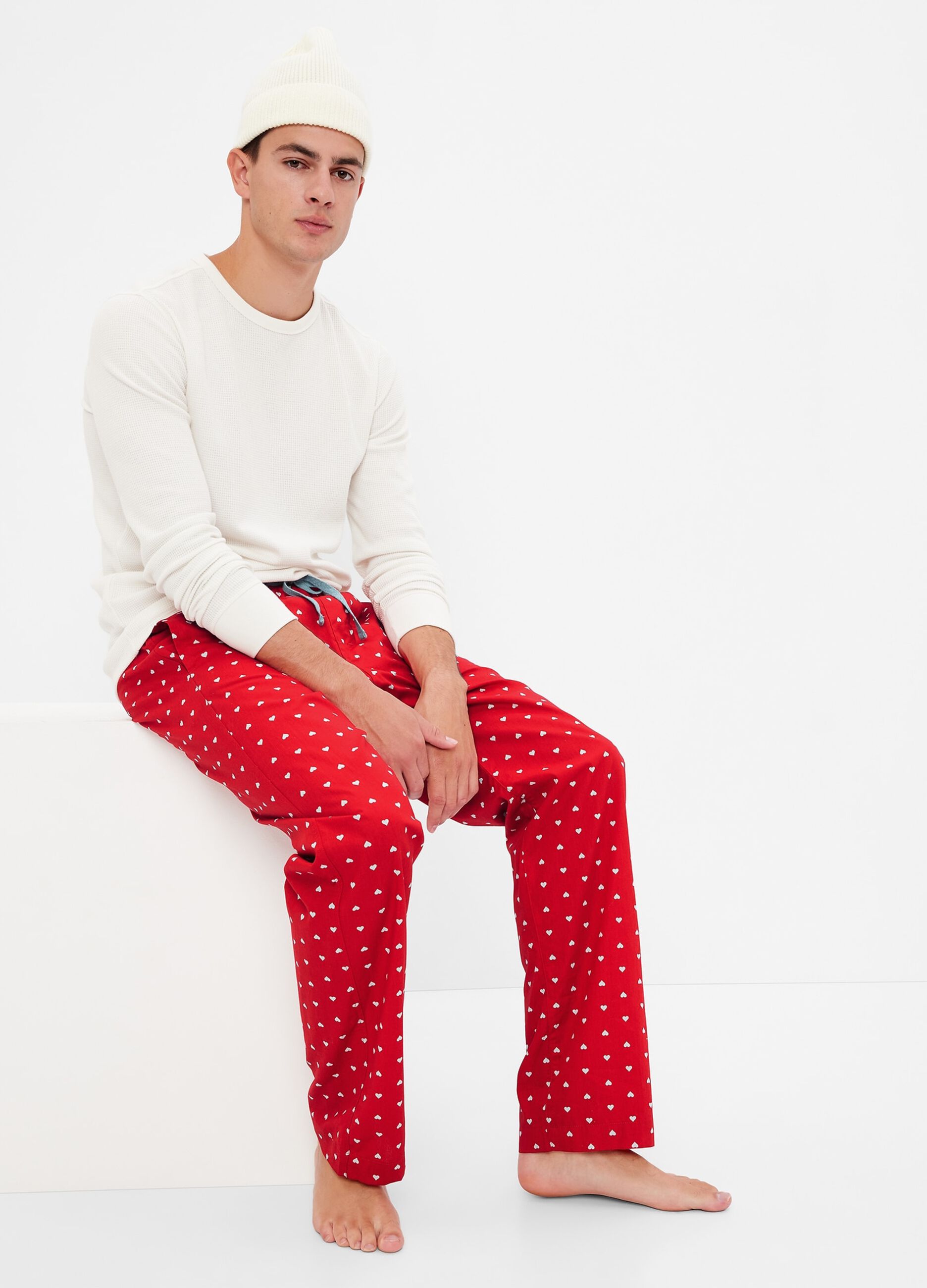 Pantalone pigiama in tela con stampa cuoricini