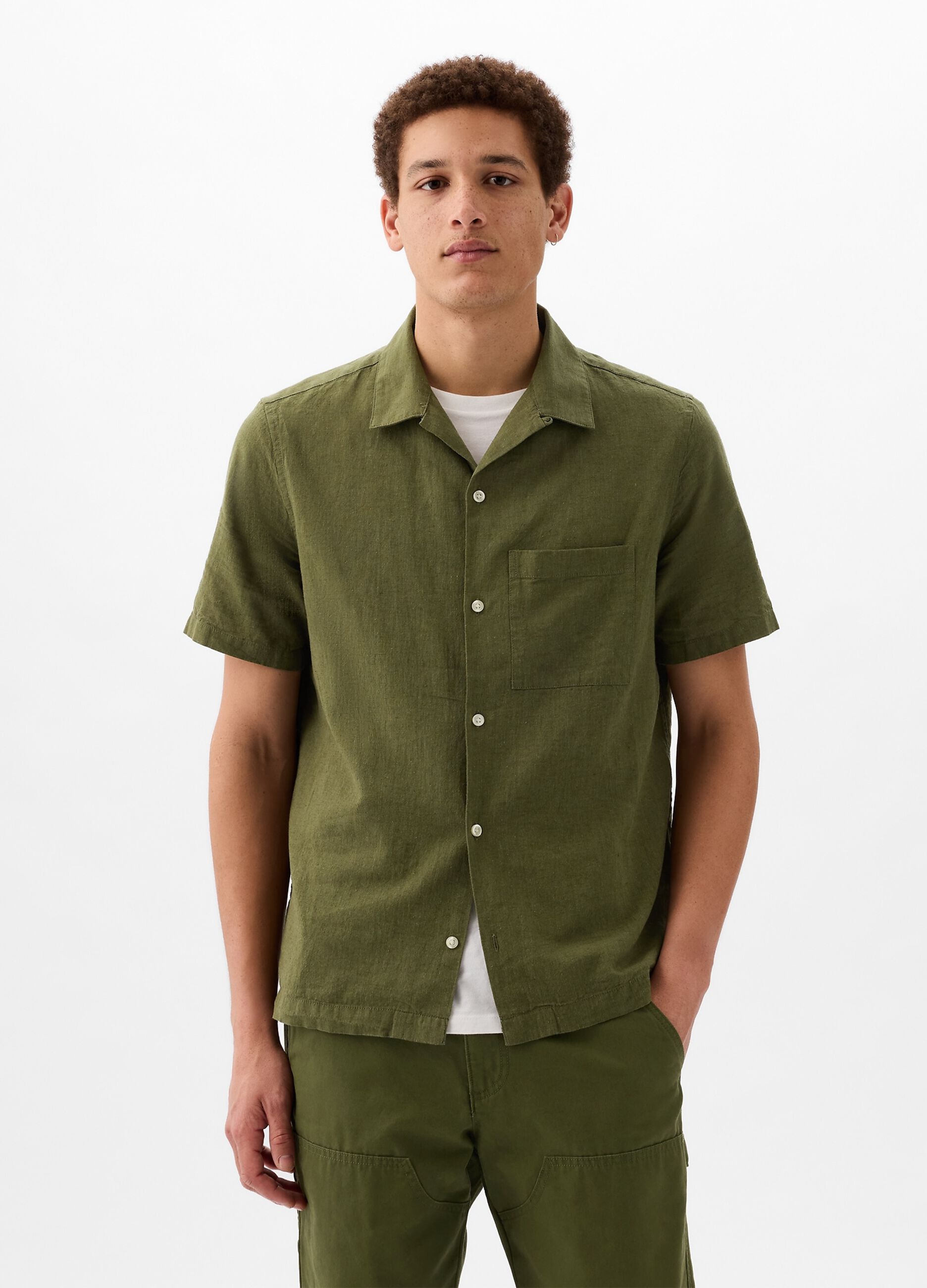 Camicia a maniche corte in lino e cotone