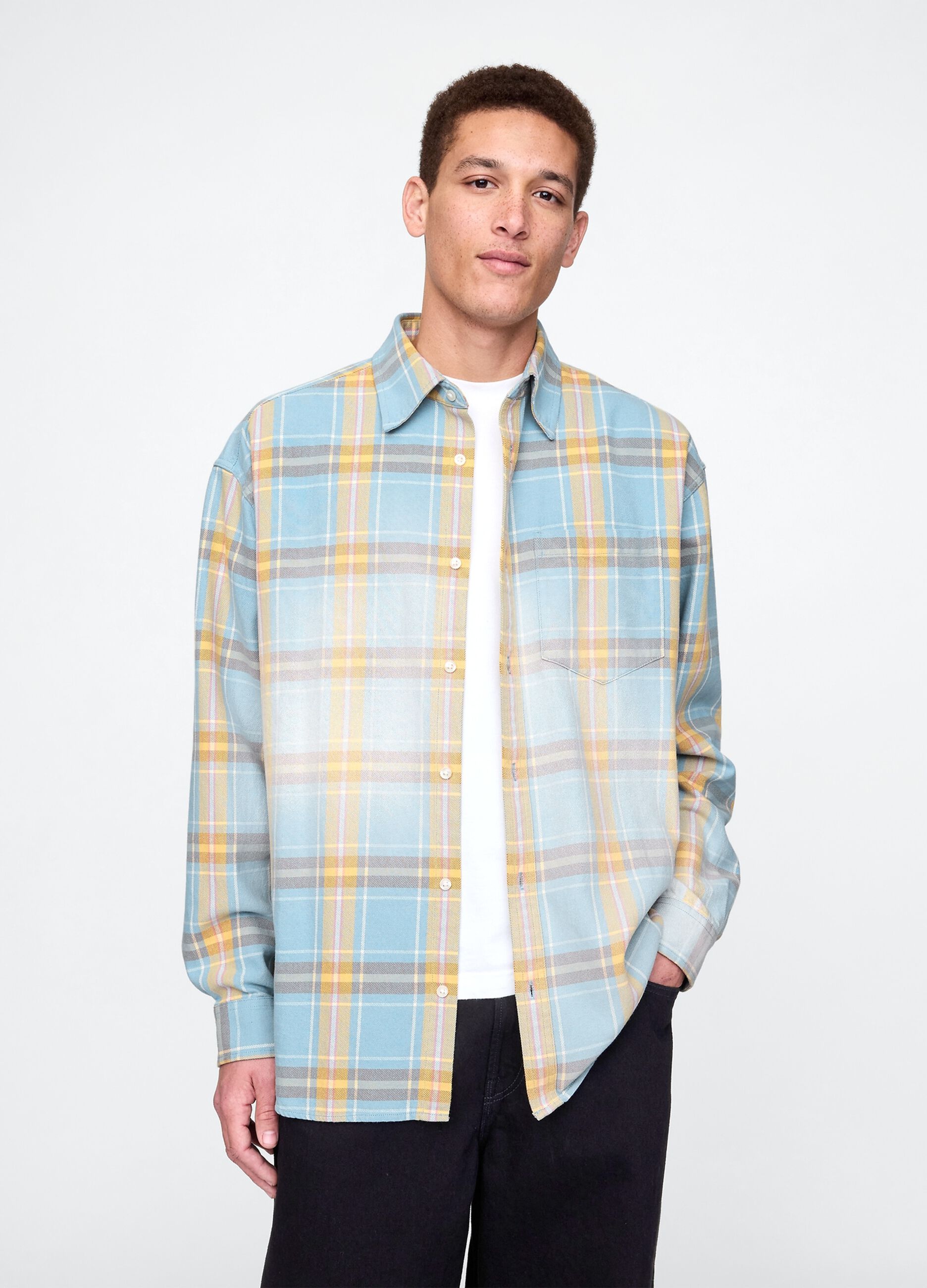 Camicia a quadri azzurri e gialli in cotone