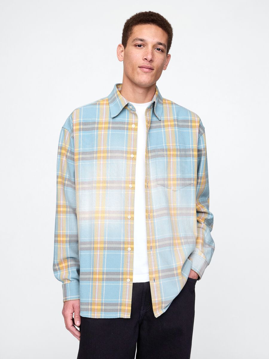 Camicia a quadri azzurri e gialli in cotone Uomo_0
