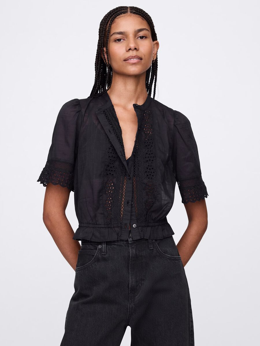 Blusa nera ricamata in cotone Donna_0