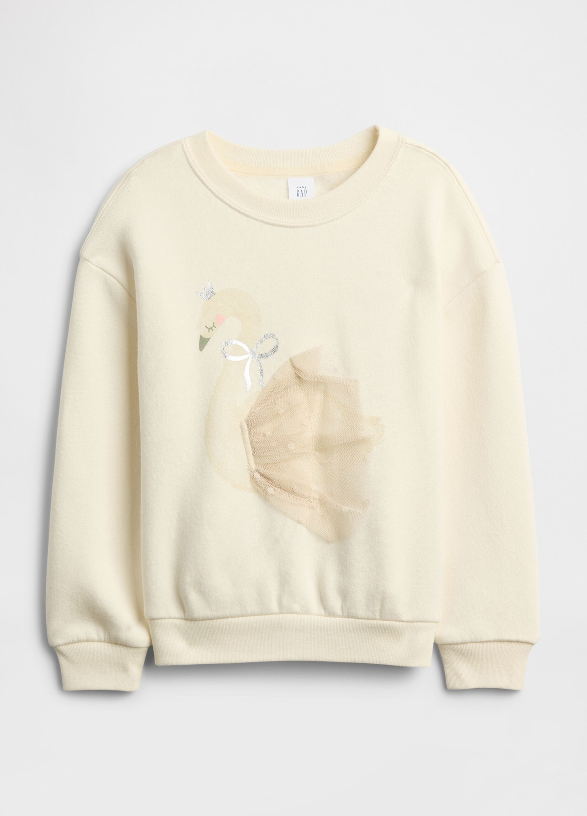 Felpa beige a girocollo con motivo cigno