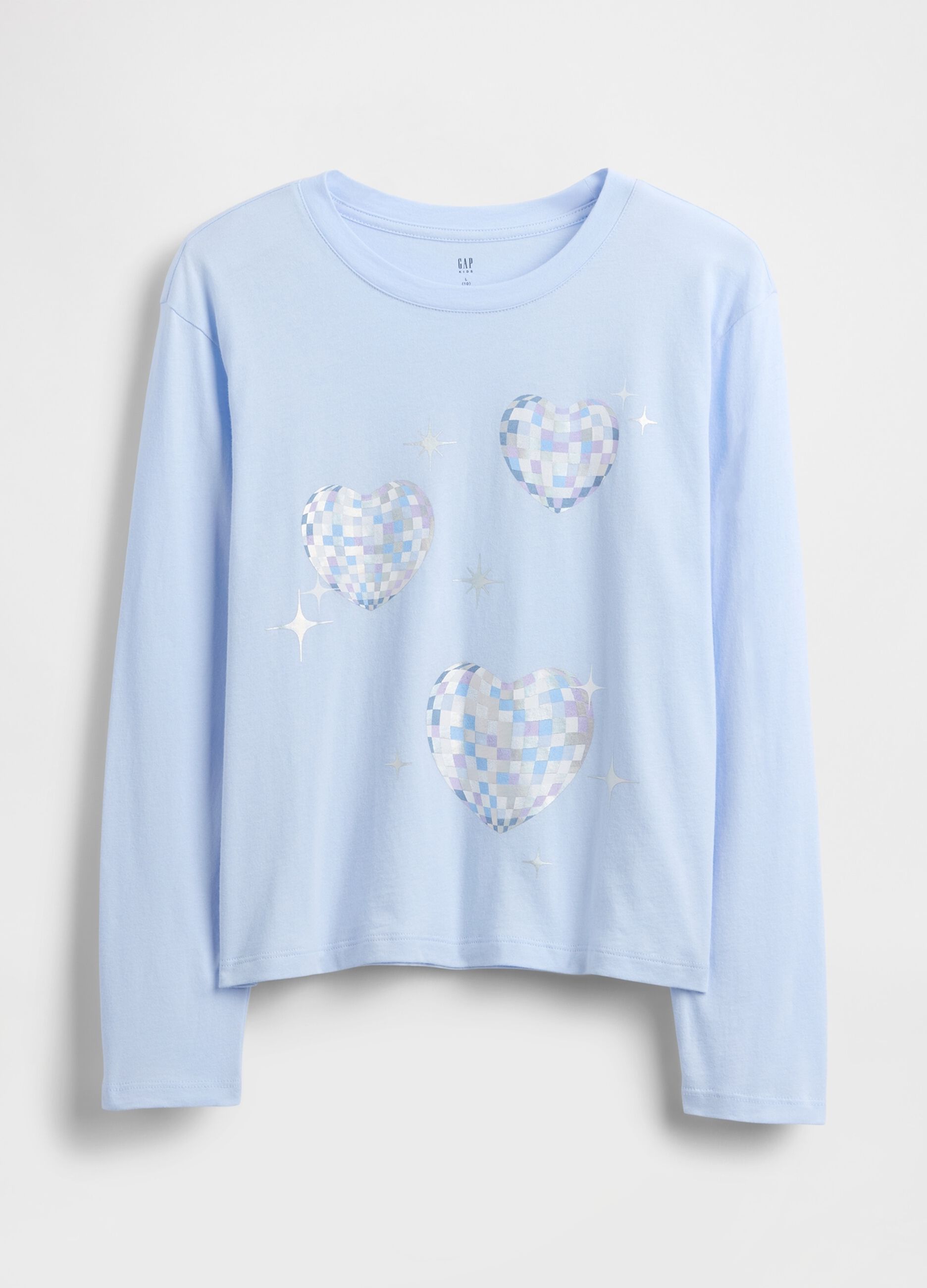 Blue long-sleeve cotton t-shirt with decorative hearts