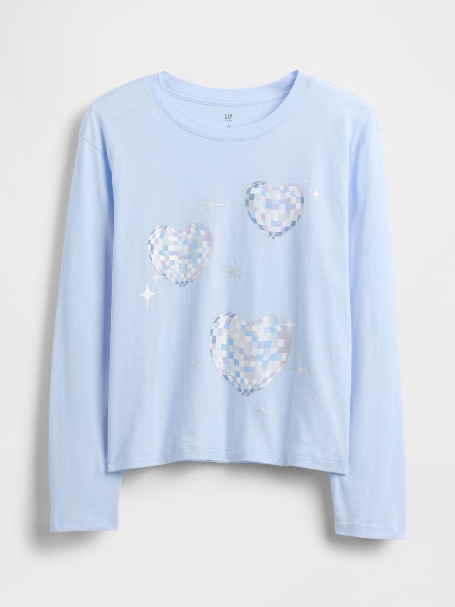 Blue long-sleeve cotton t-shirt with decorative hearts Girl_2