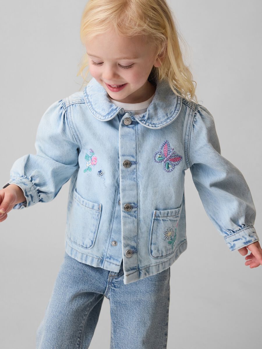 Giacca in puro cotone denim azzurro da neonata con ricami Bambina_0