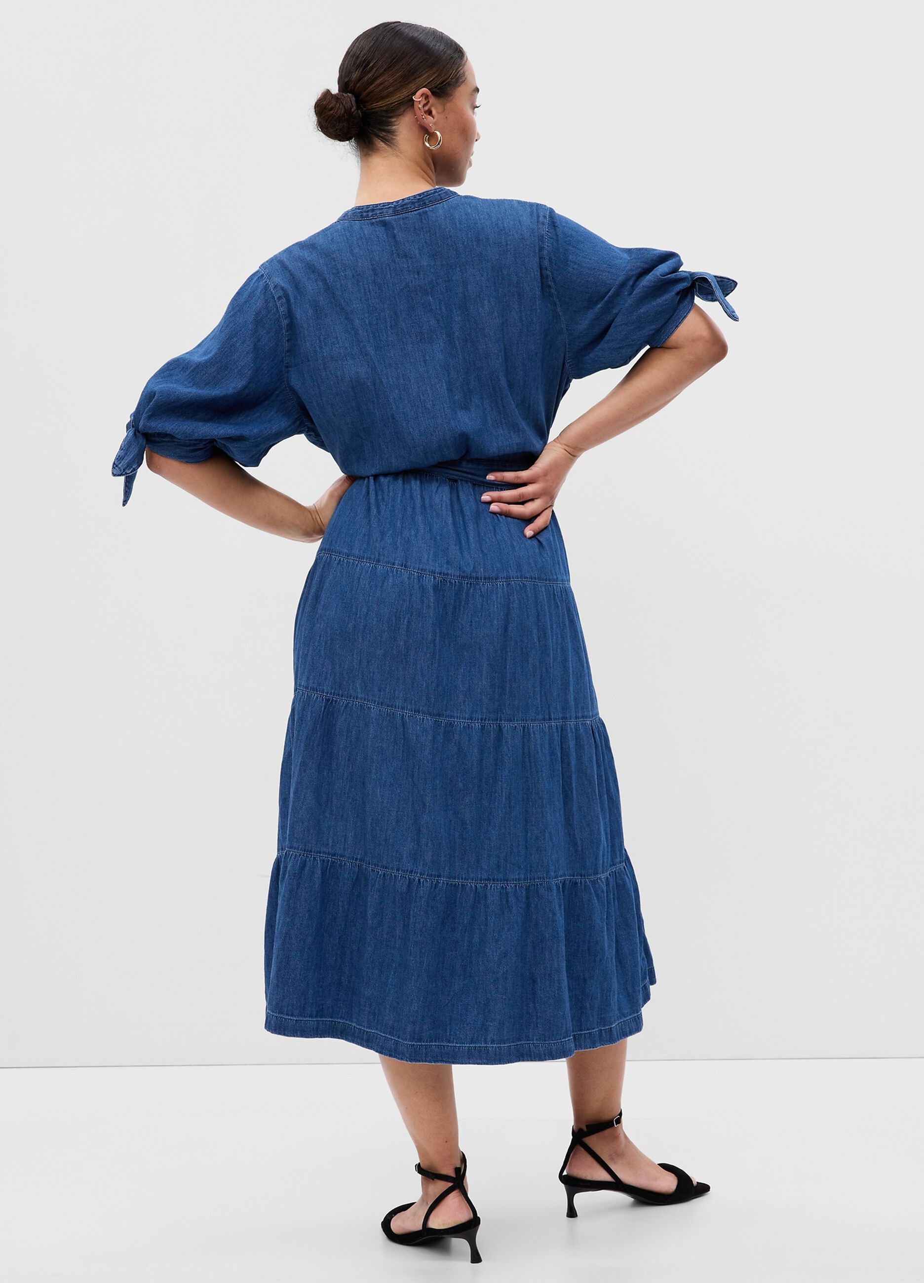 Abito midi chemisier in denim a balze_4