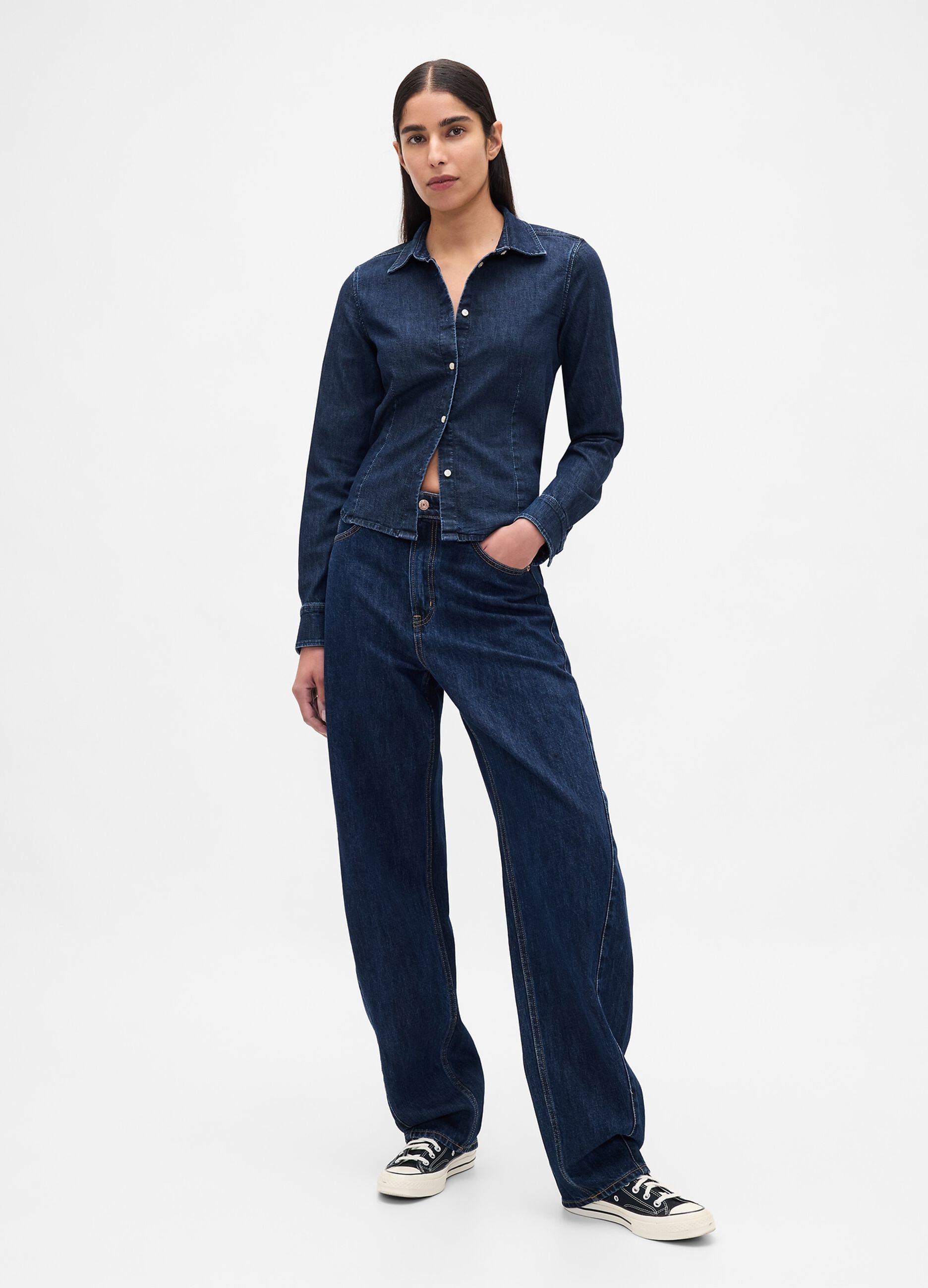Camicia denim elasticizzata a maniche lunghe_2