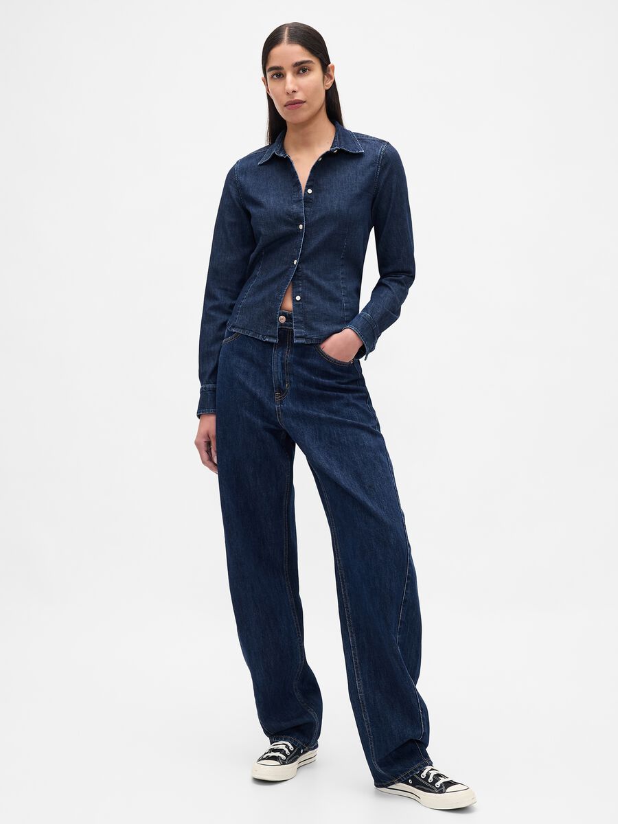Camicia denim elasticizzata a maniche lunghe Donna_2