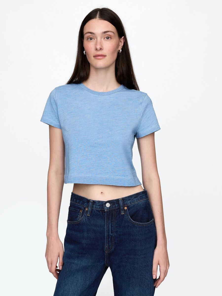 Light Blue Cropped Cotton T-shirt Woman_0