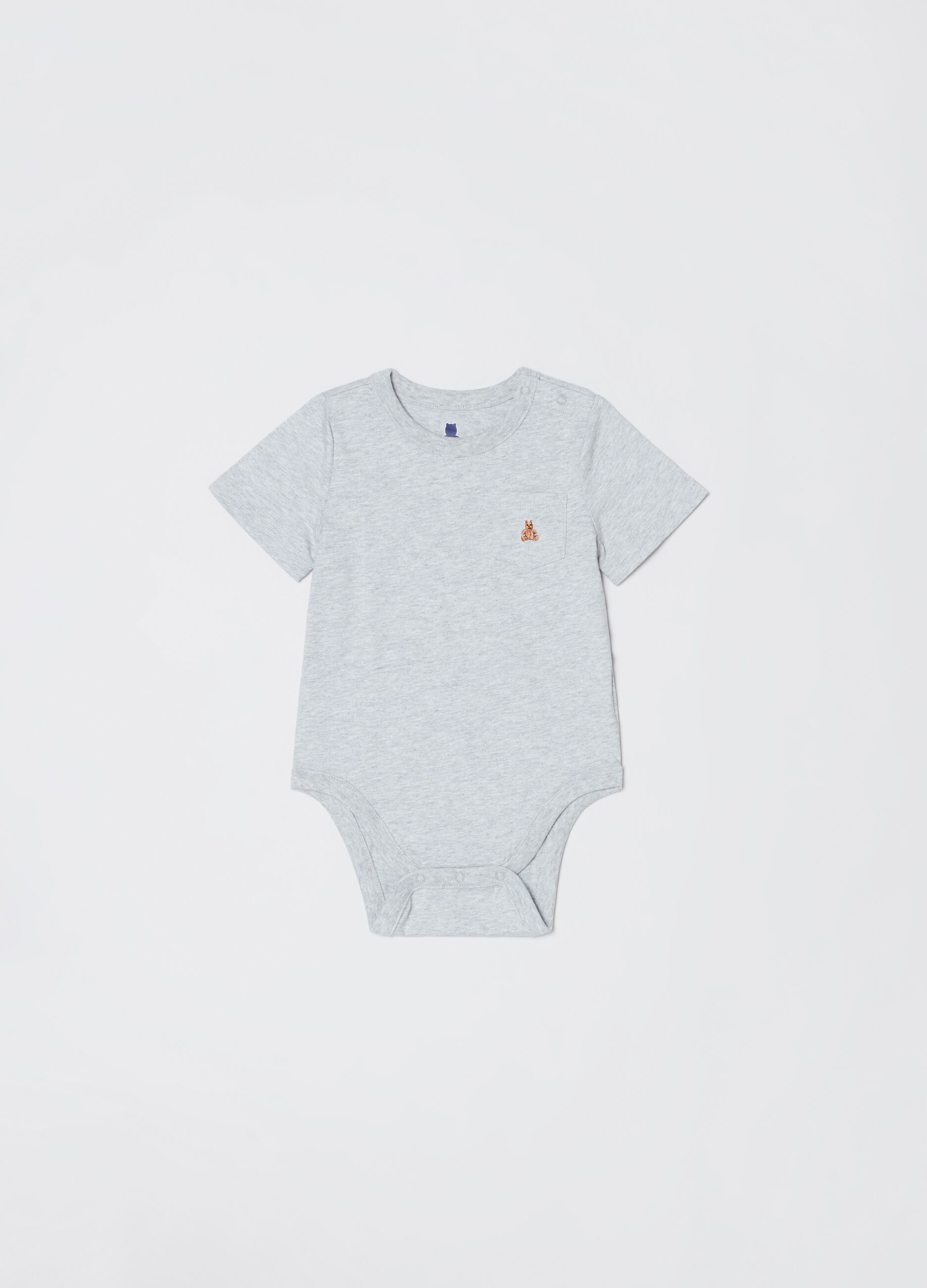 Cotton bodysuit with pocket and embroidered bear