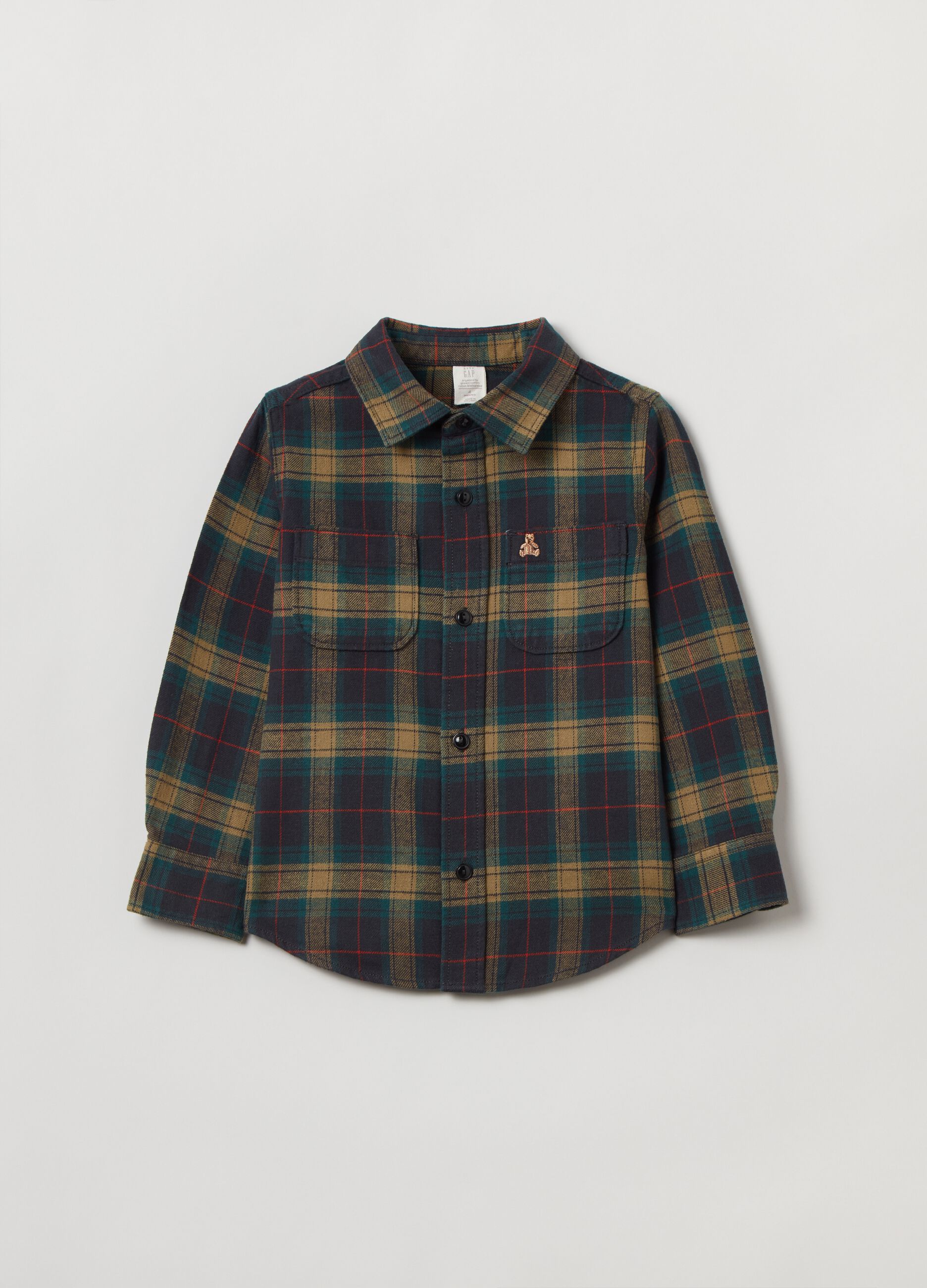 Organic flannel shirt with teddy bear embroidery_2