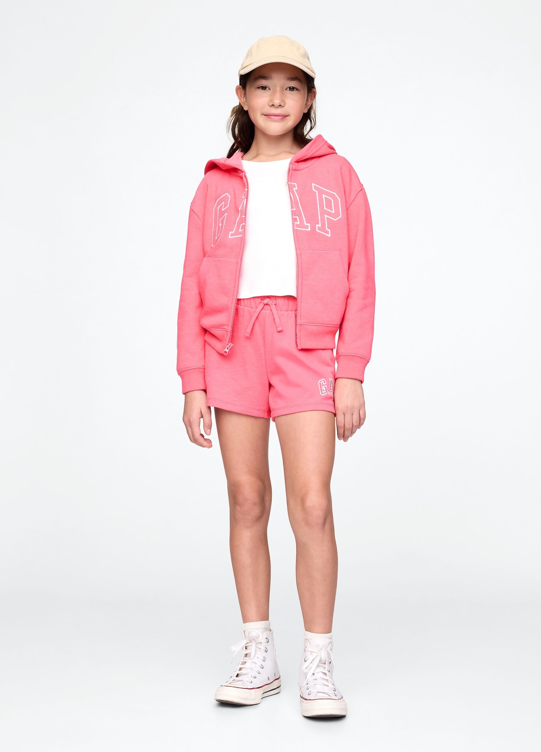 Girls' Regular Fit Pink Cotton Blend Hoodie with Zip