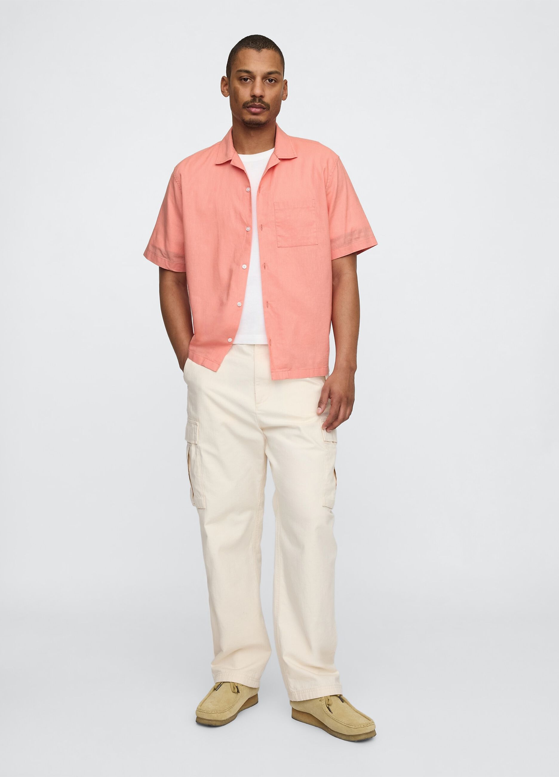 Camicia corta arancione in lino e cotone_1