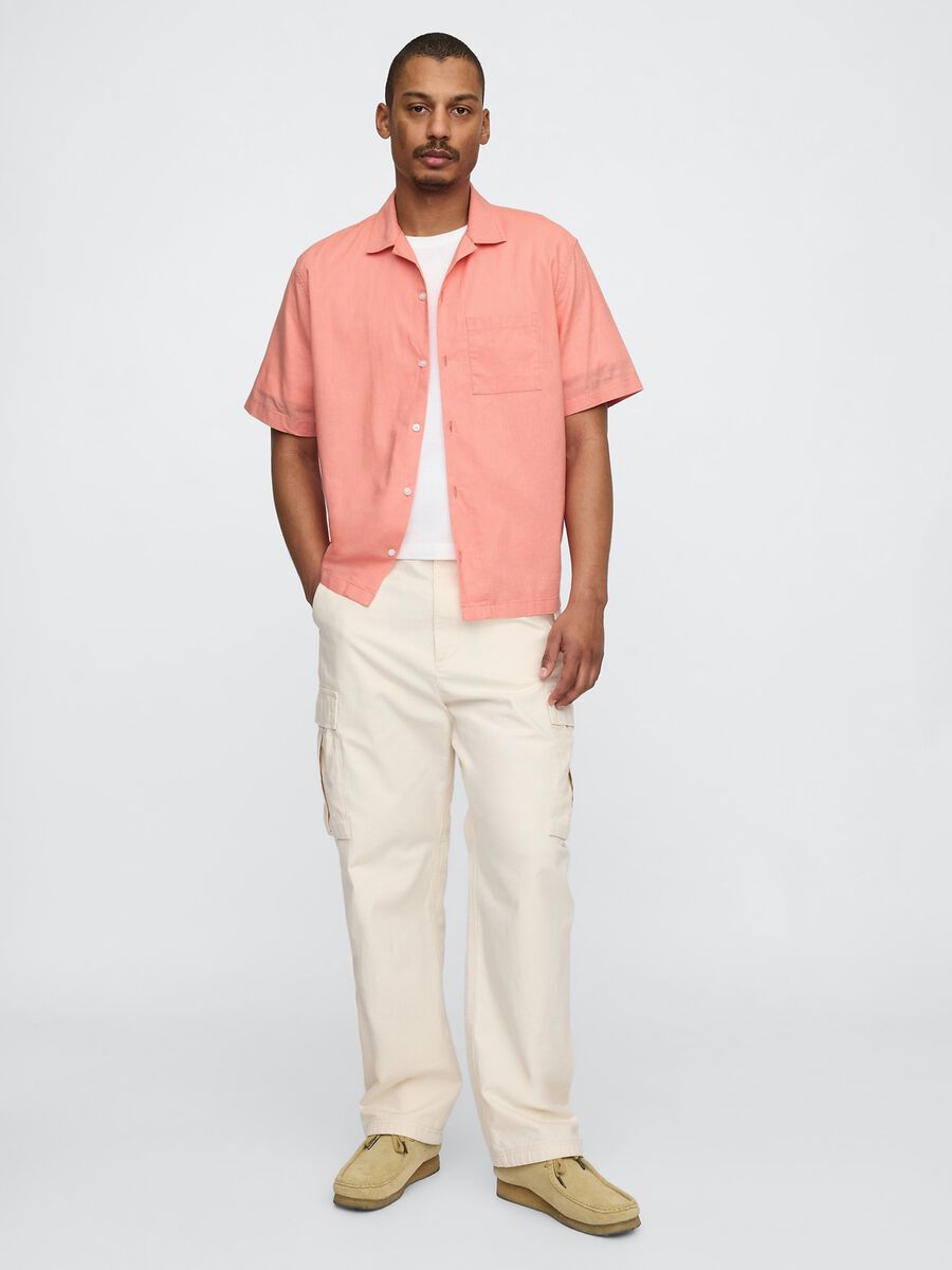 Camicia corta arancione in lino e cotone Uomo_1