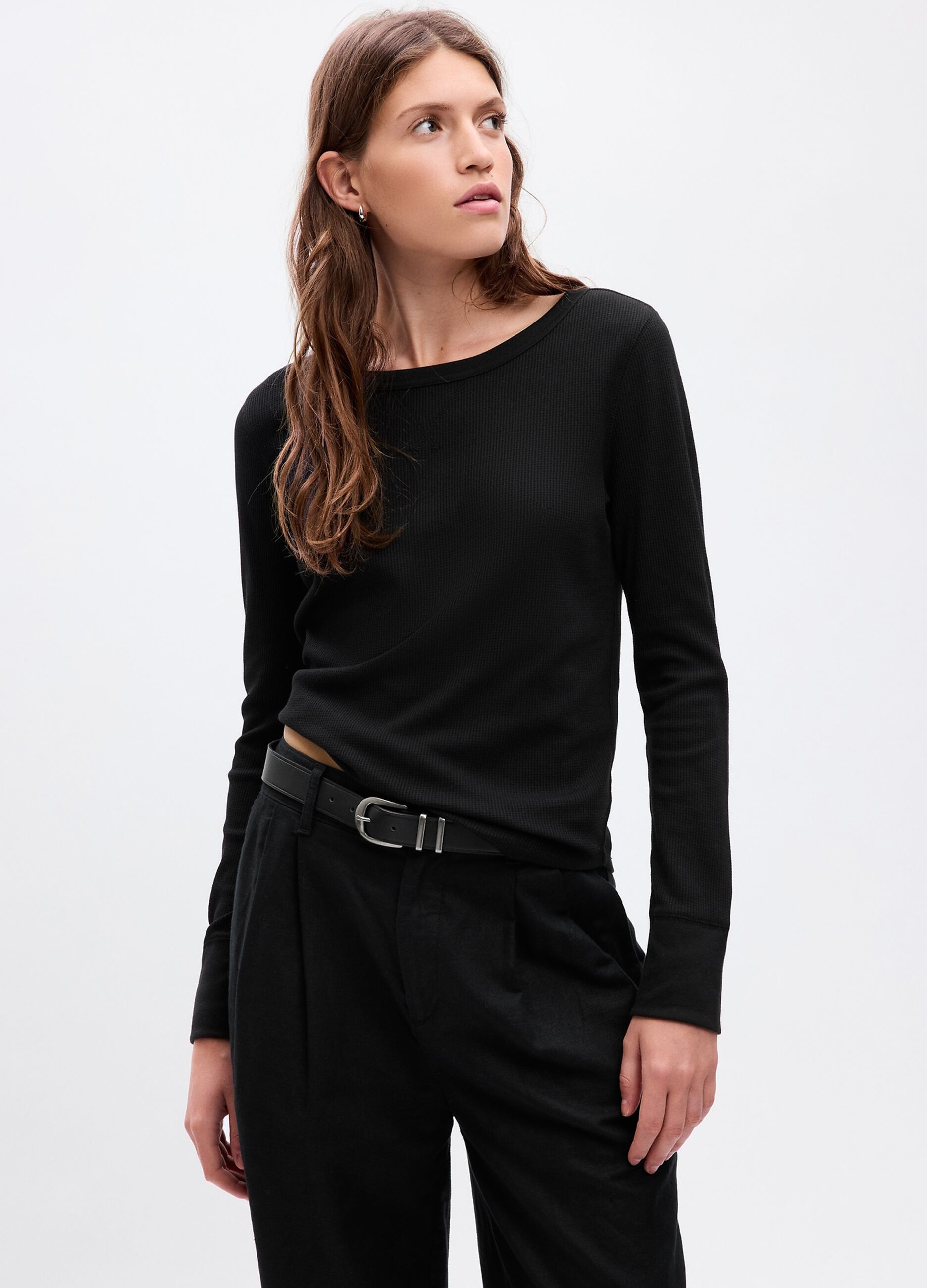 T-shirt con micro trama waffle a maniche lunghe