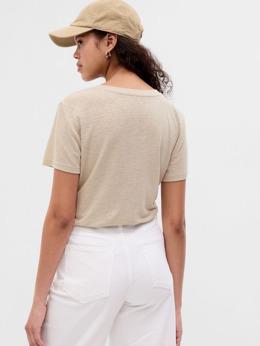Linen blend T-shirt with V neck Woman_1