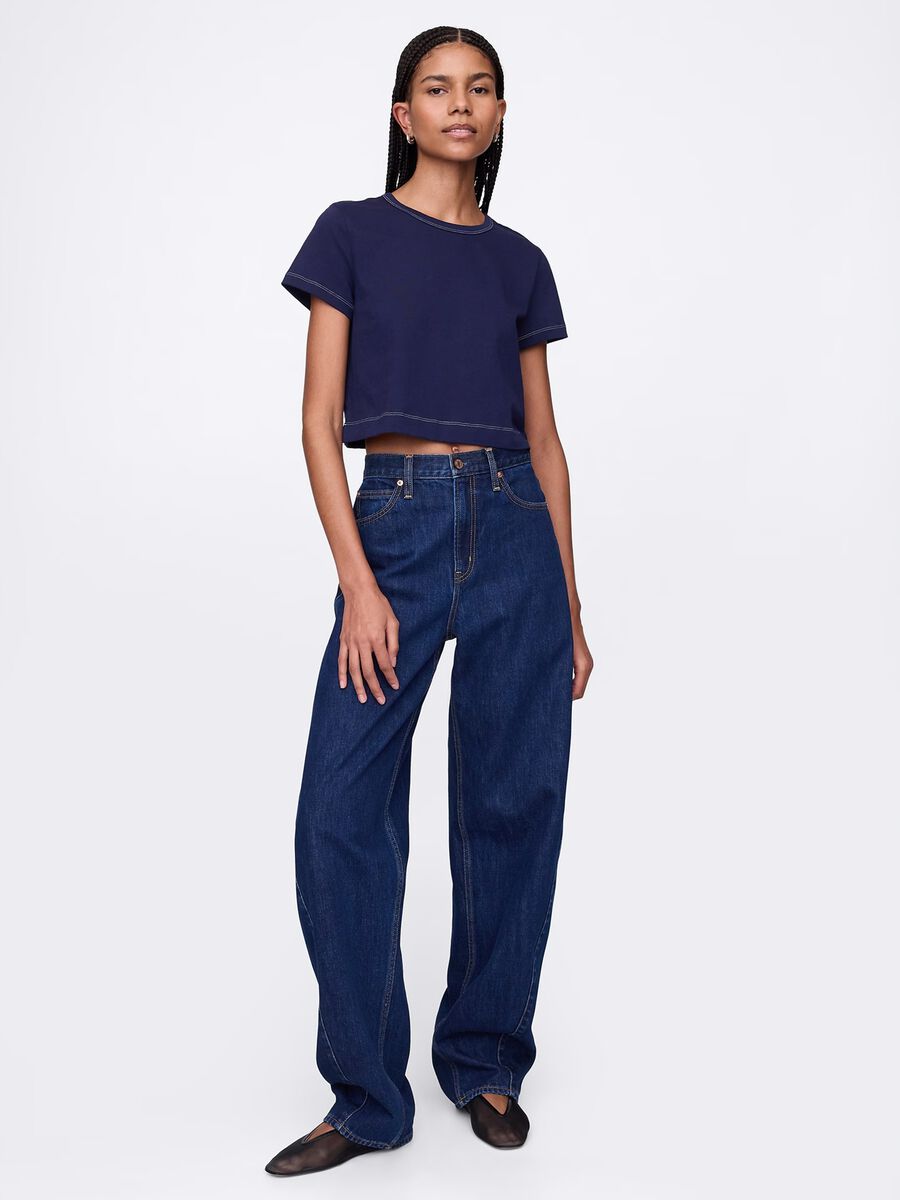 T-shirt cropped blu in cotone Donna_1