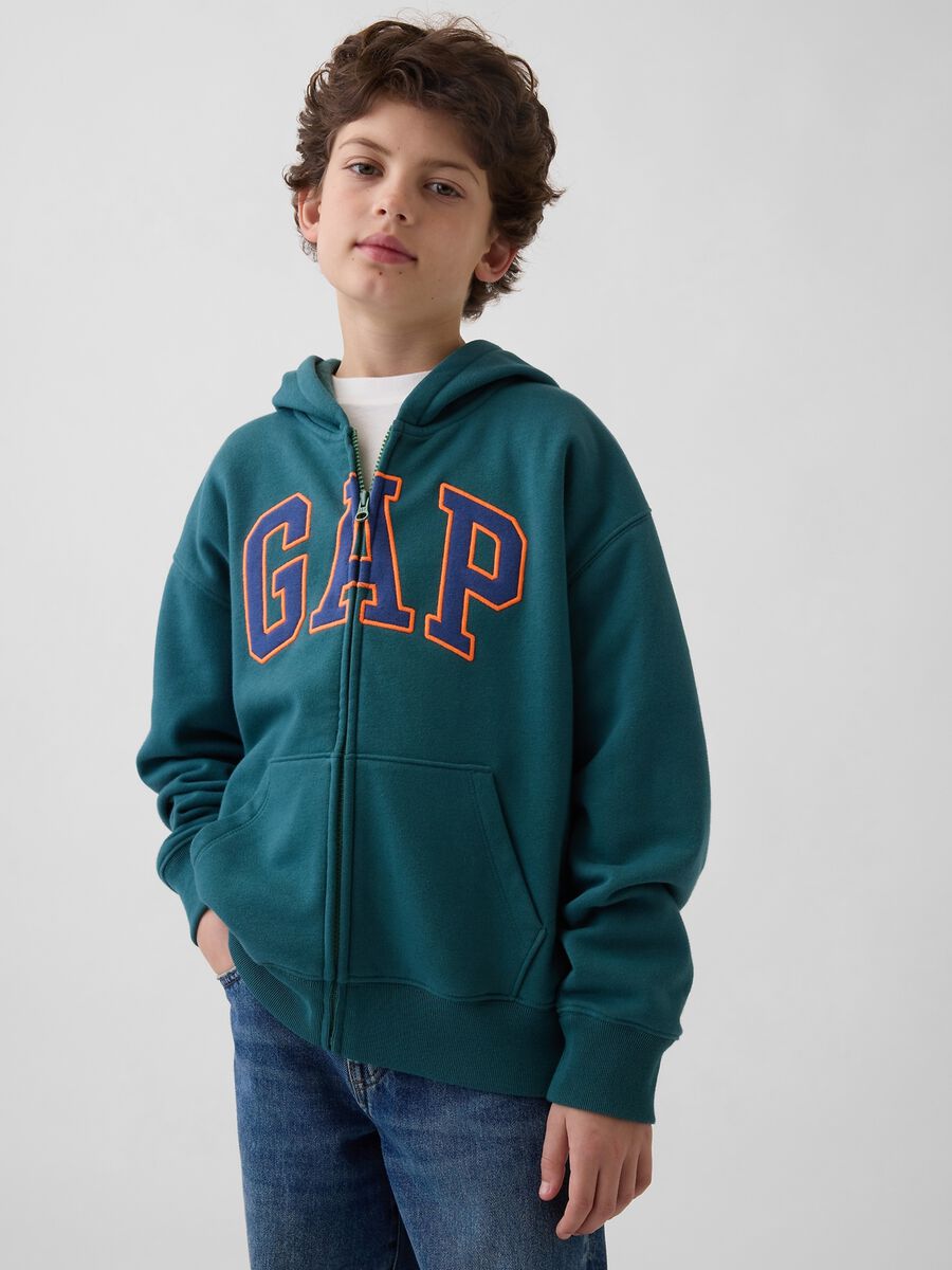 Felpa in misto cotone verde da bambino con logo, zip e cappuccio Bambino_0