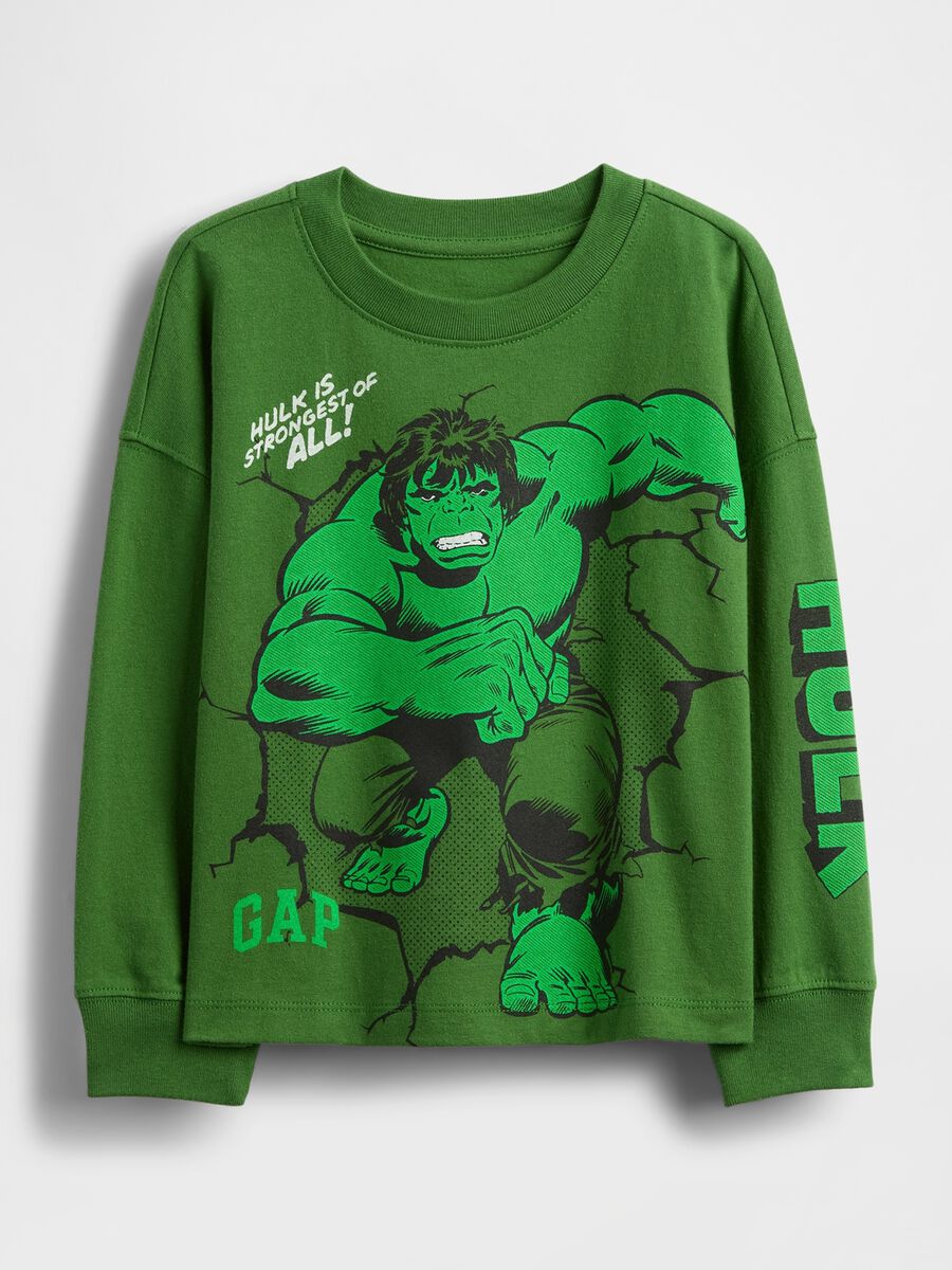 Maglietta verde a maniche lunghe in cotone con stampa Hulk Bambino_0