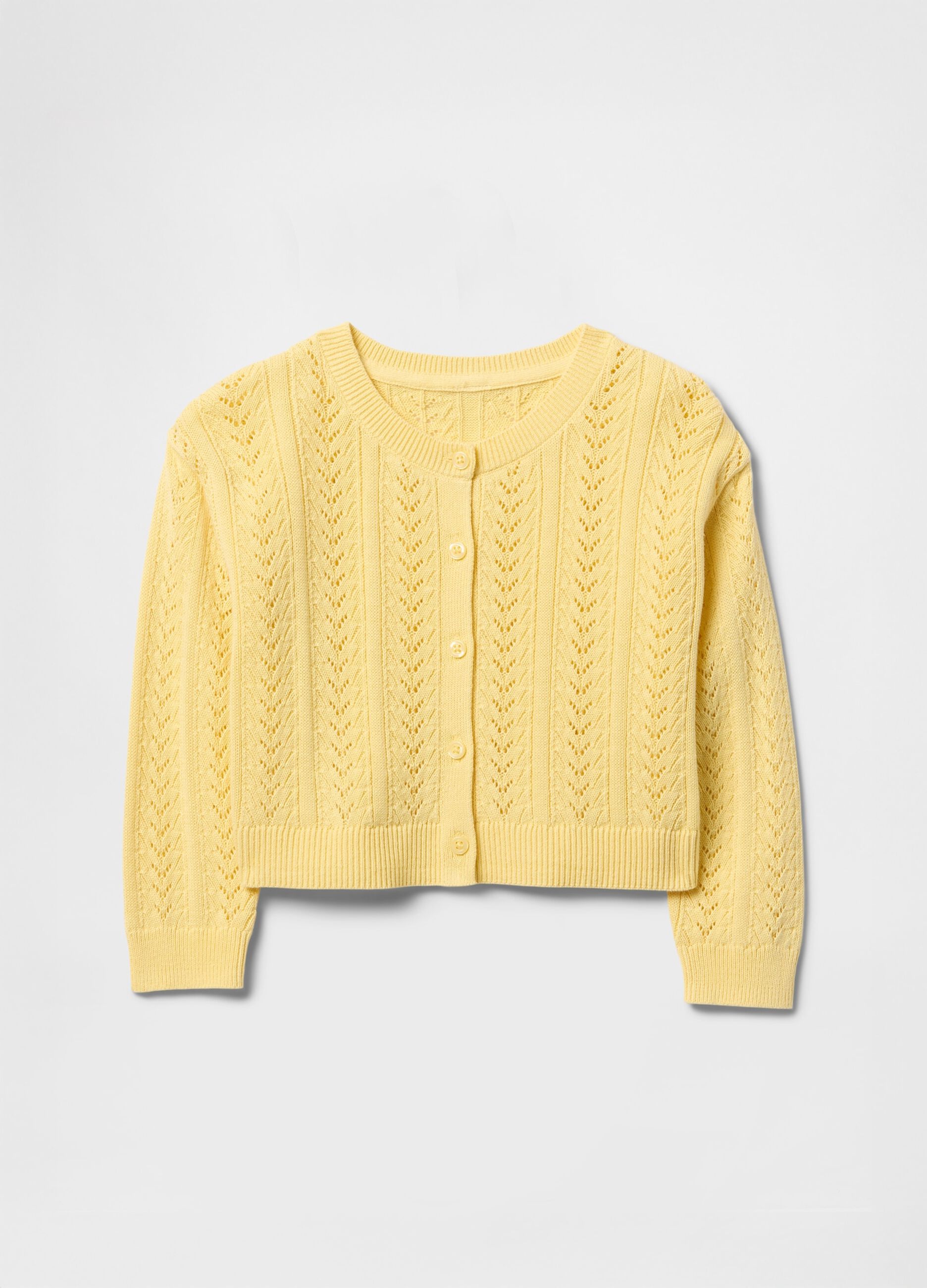 Cardigan giallo in maglia traforata_1