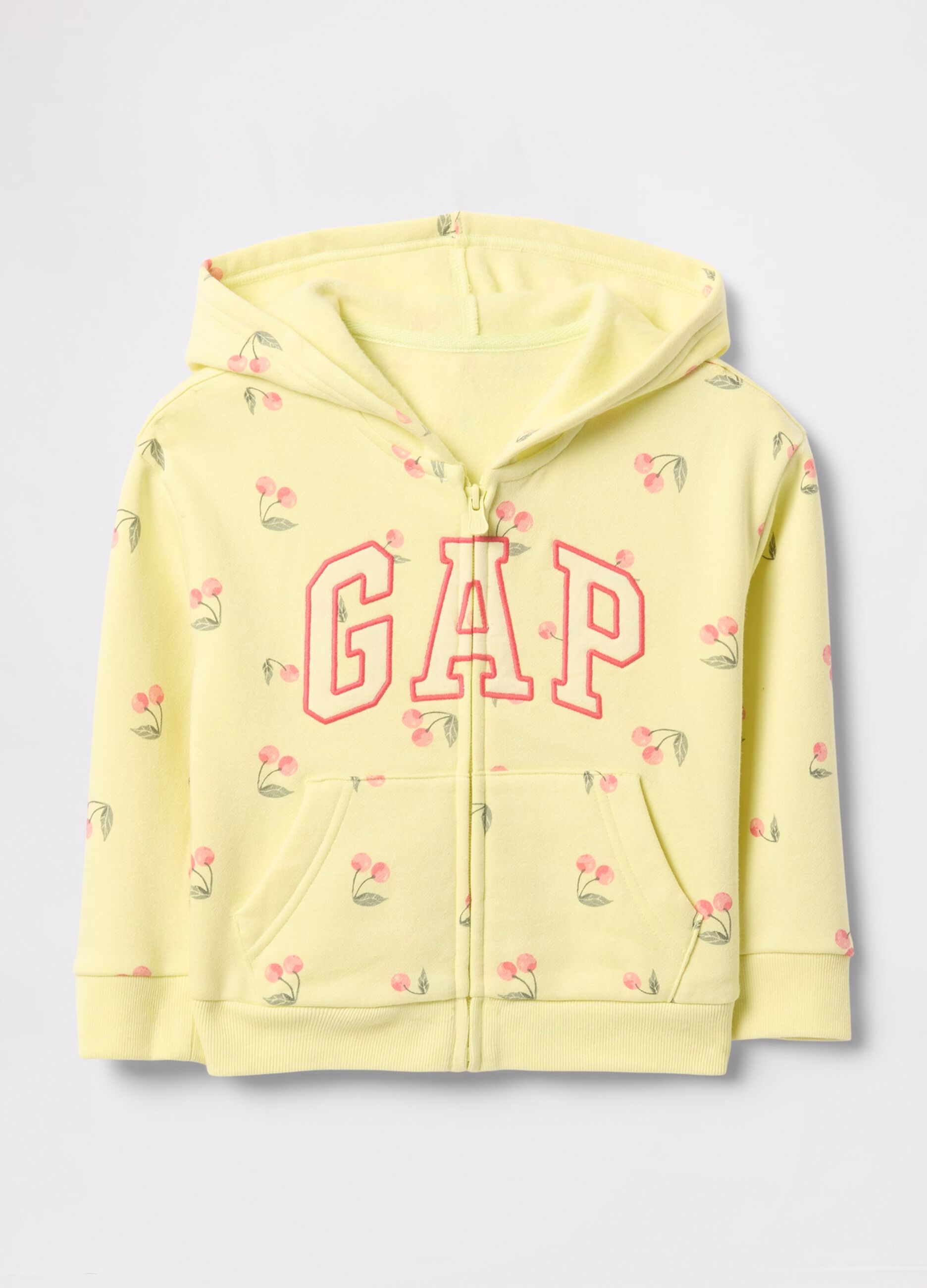 Full-zip gialla con cappuccio stampa ciliegie e ricamo logo