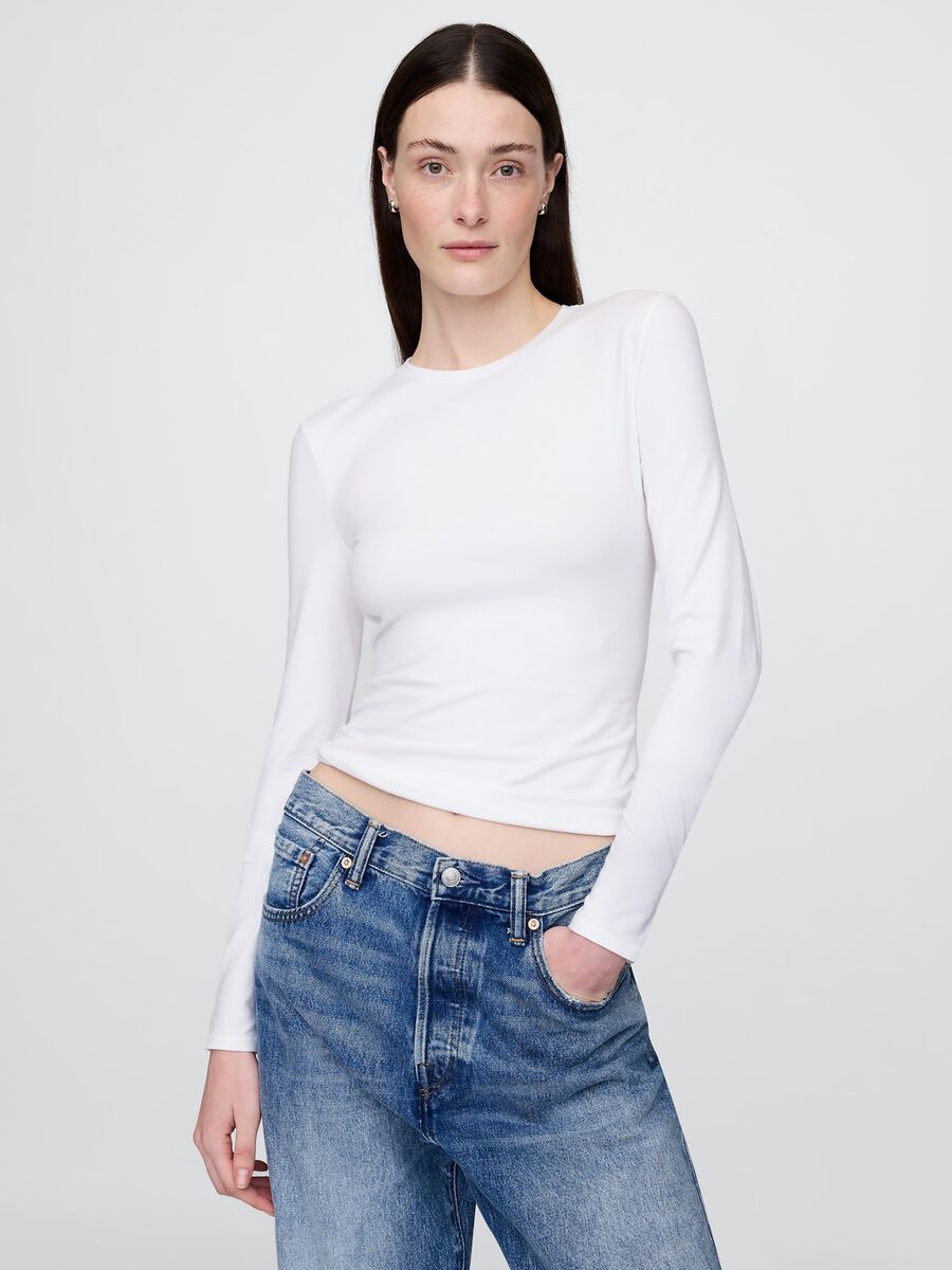 T-shirt bianca a maniche lunghe elasticizzata Donna_0