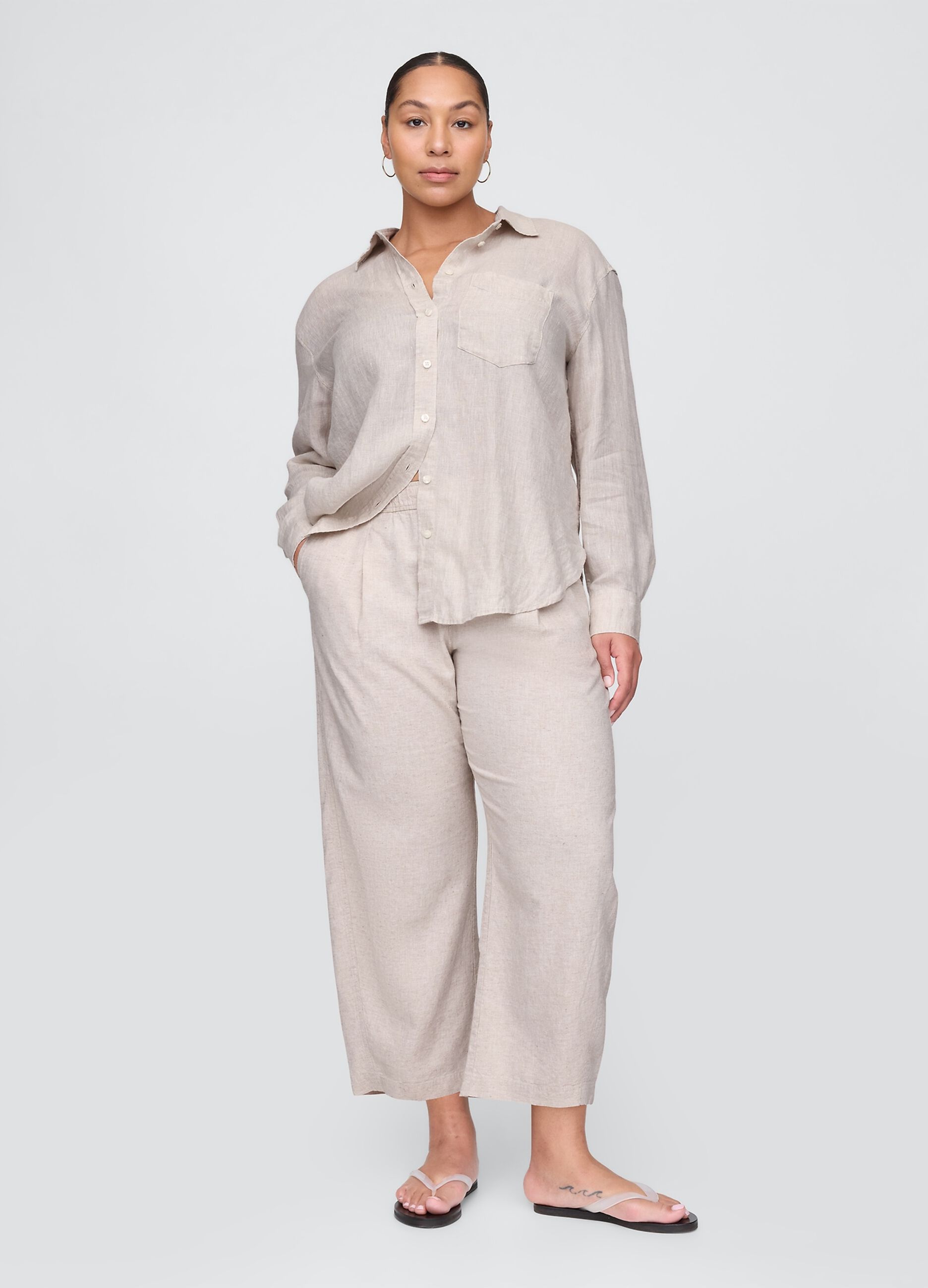 Pantaloni ampi beige in lino e viscosa_4