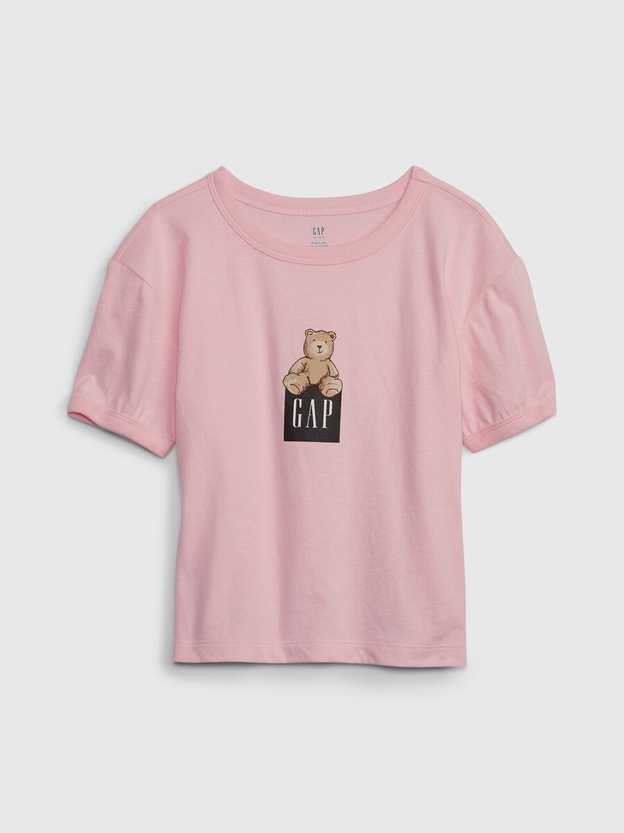 T-shirt in cotone bio stampa logo e orsetto Bambina_0