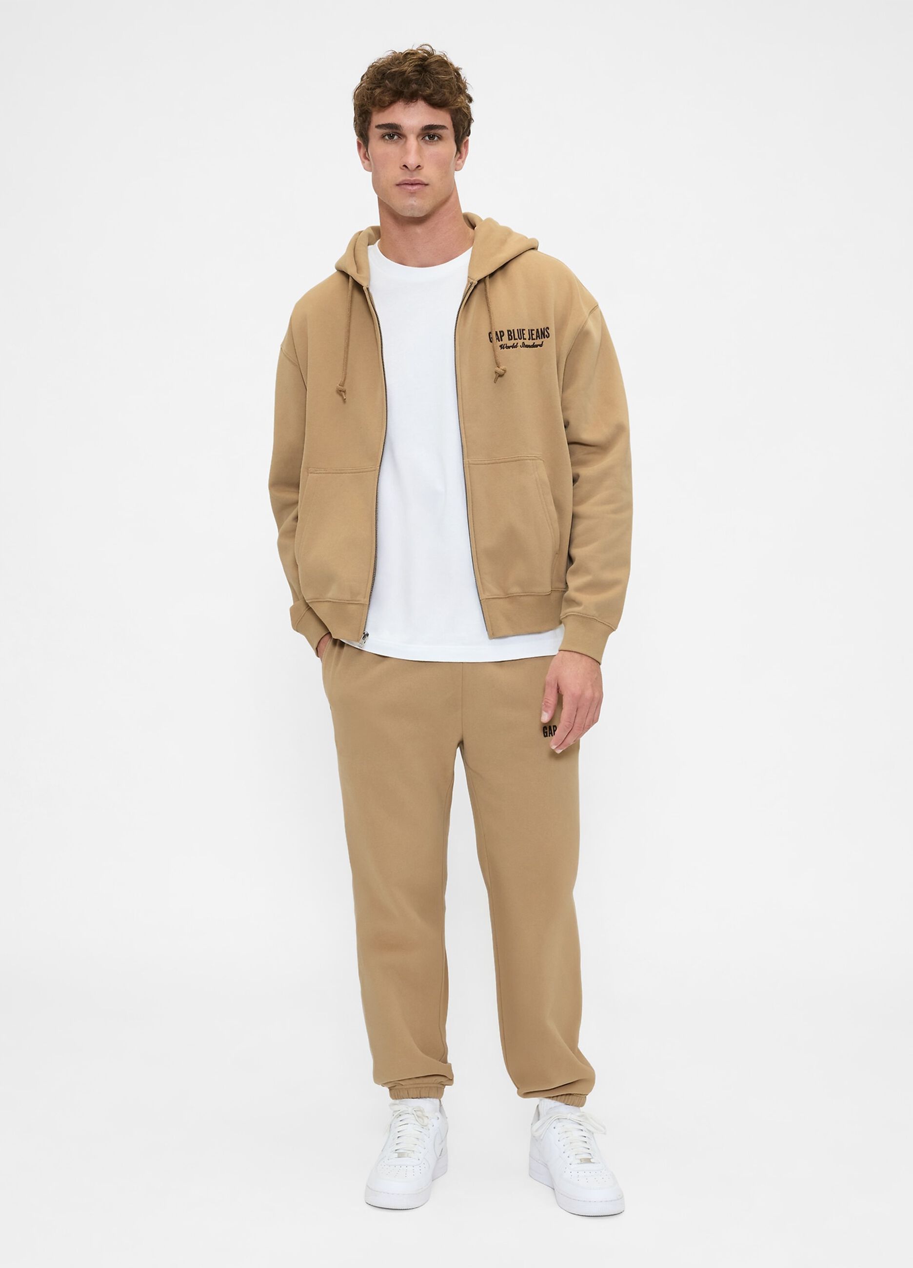 Felpa beige con cappuccio e zip integrale_3