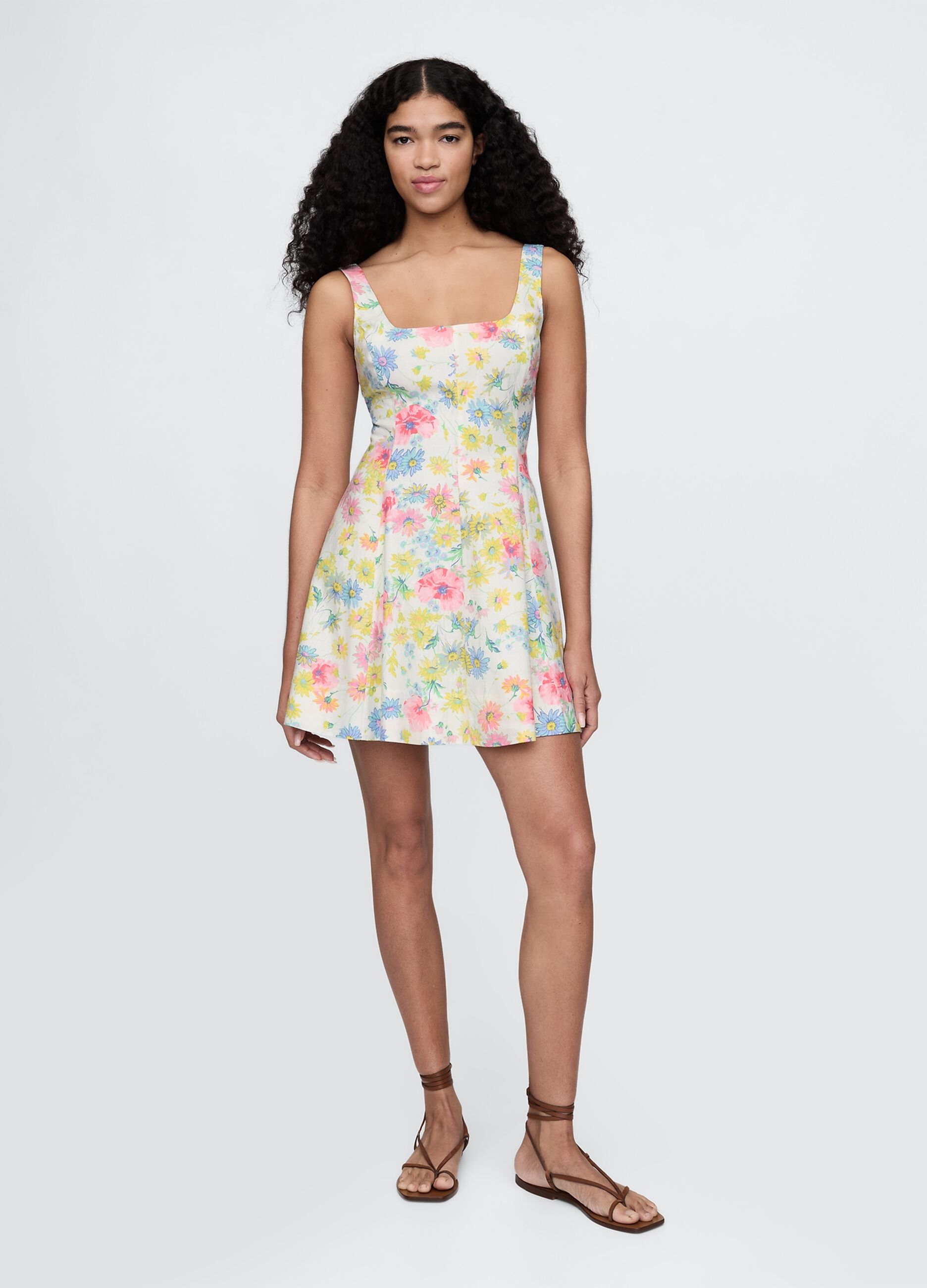 Vestito corto a fiori multicolor in lino e viscosa