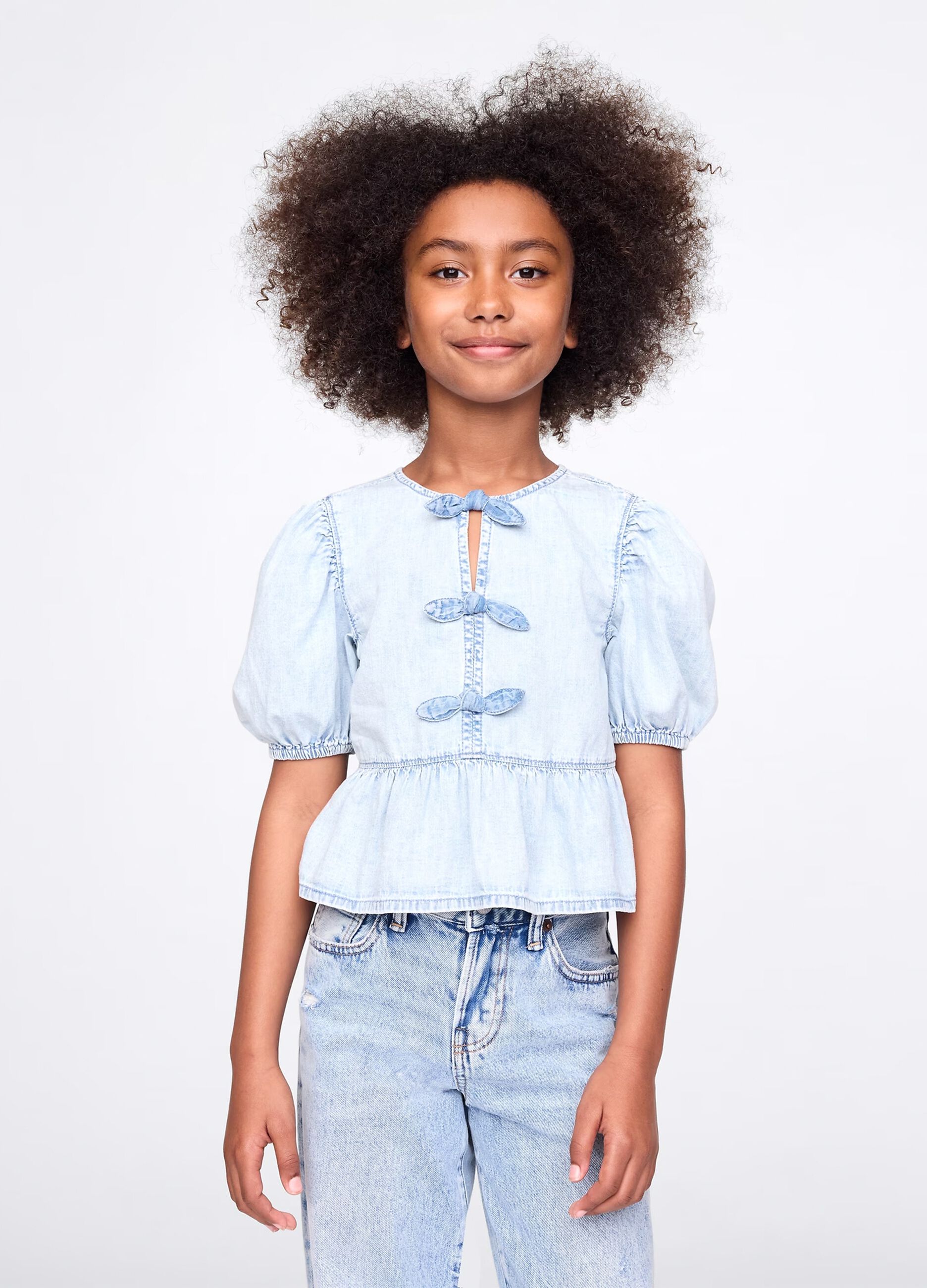 Camicia denim in cotone con fiocchetti