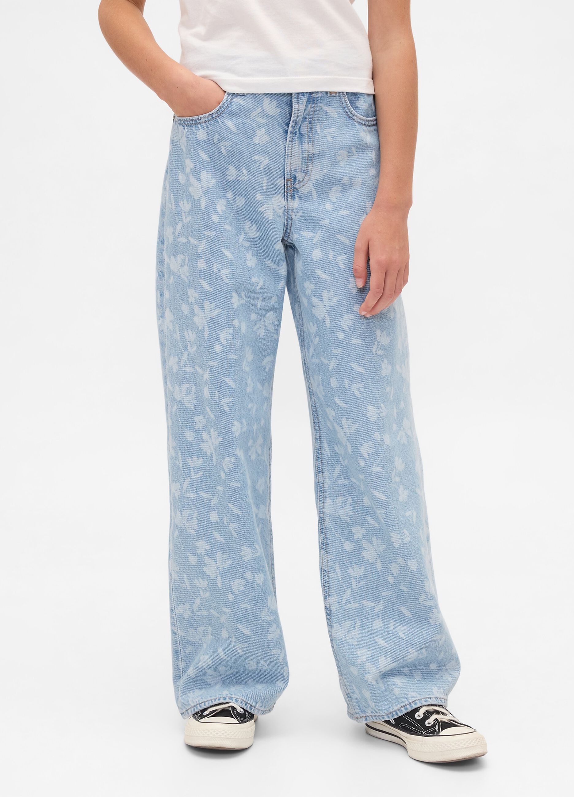 Pantaloni wide leg in denim floreale
