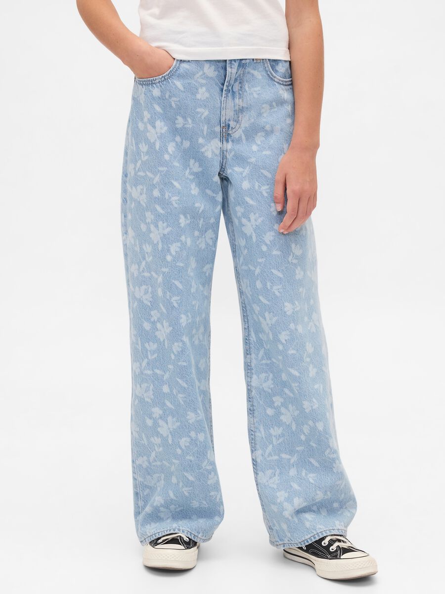 Pantaloni wide leg in denim floreale Bambina_1