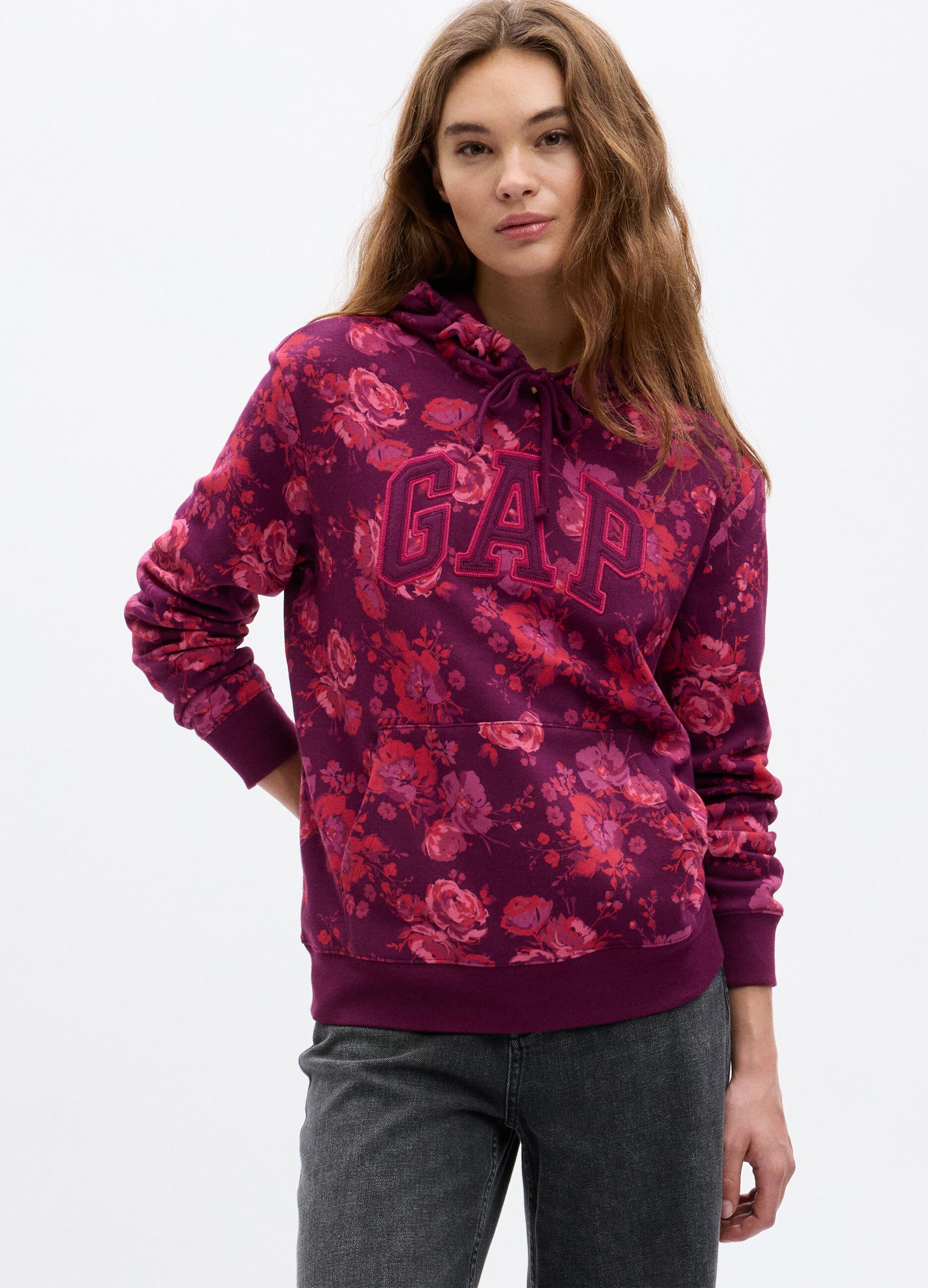 Patterned sweatshirt with hood and logo embroidery