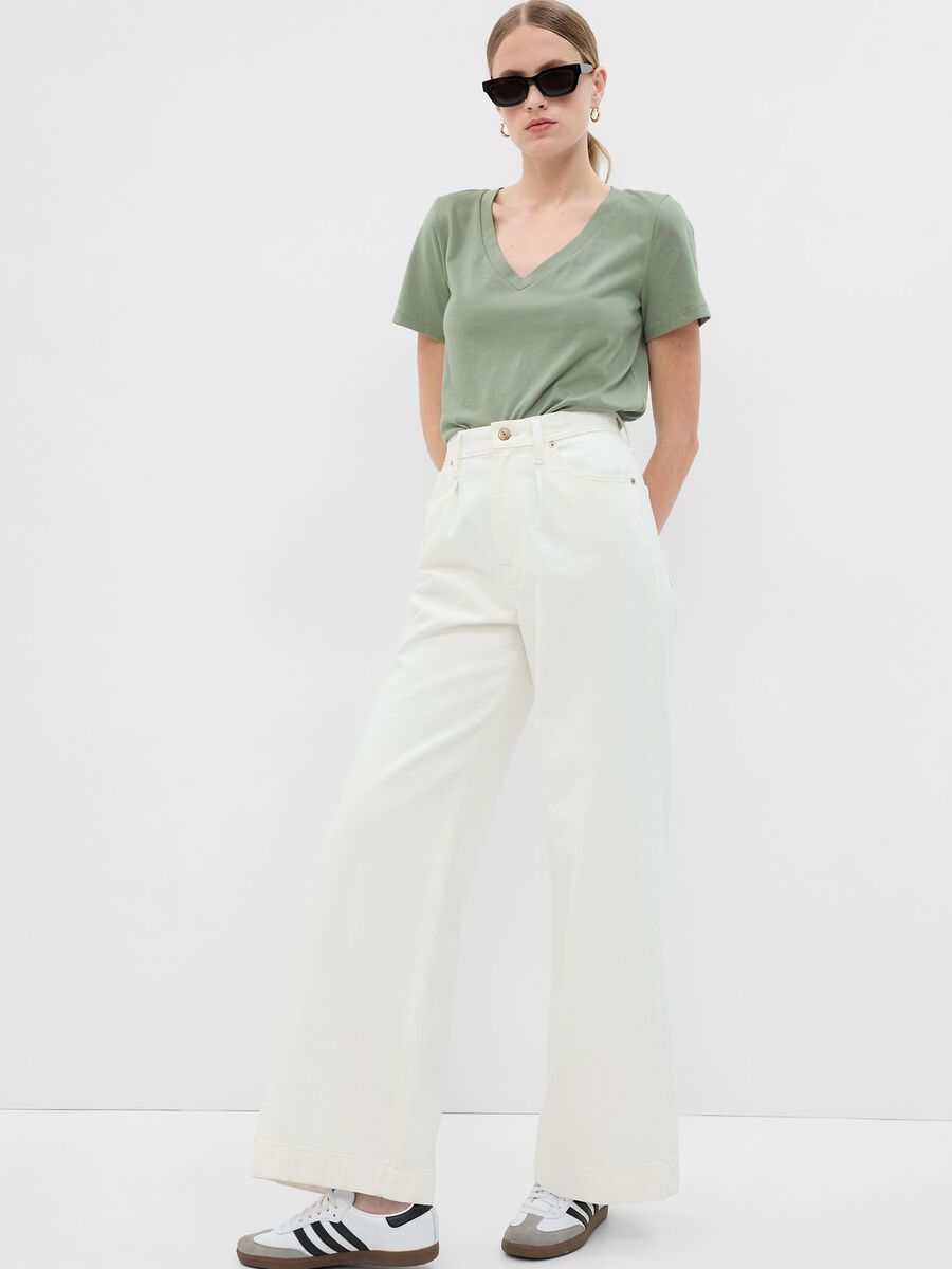 T-shirt verde in cotone con scollo a V Donna_0