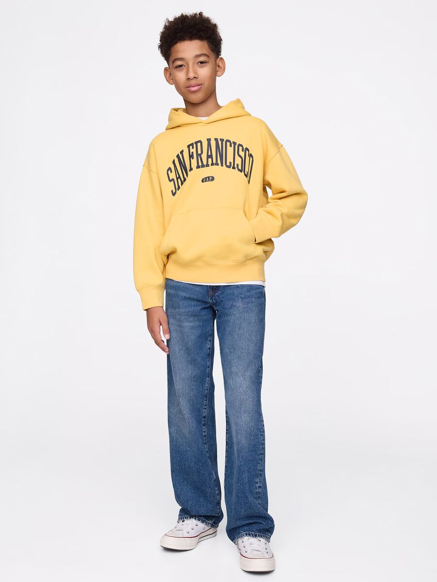 Yellow cotton sweatshirt with hood and print Unisex_2