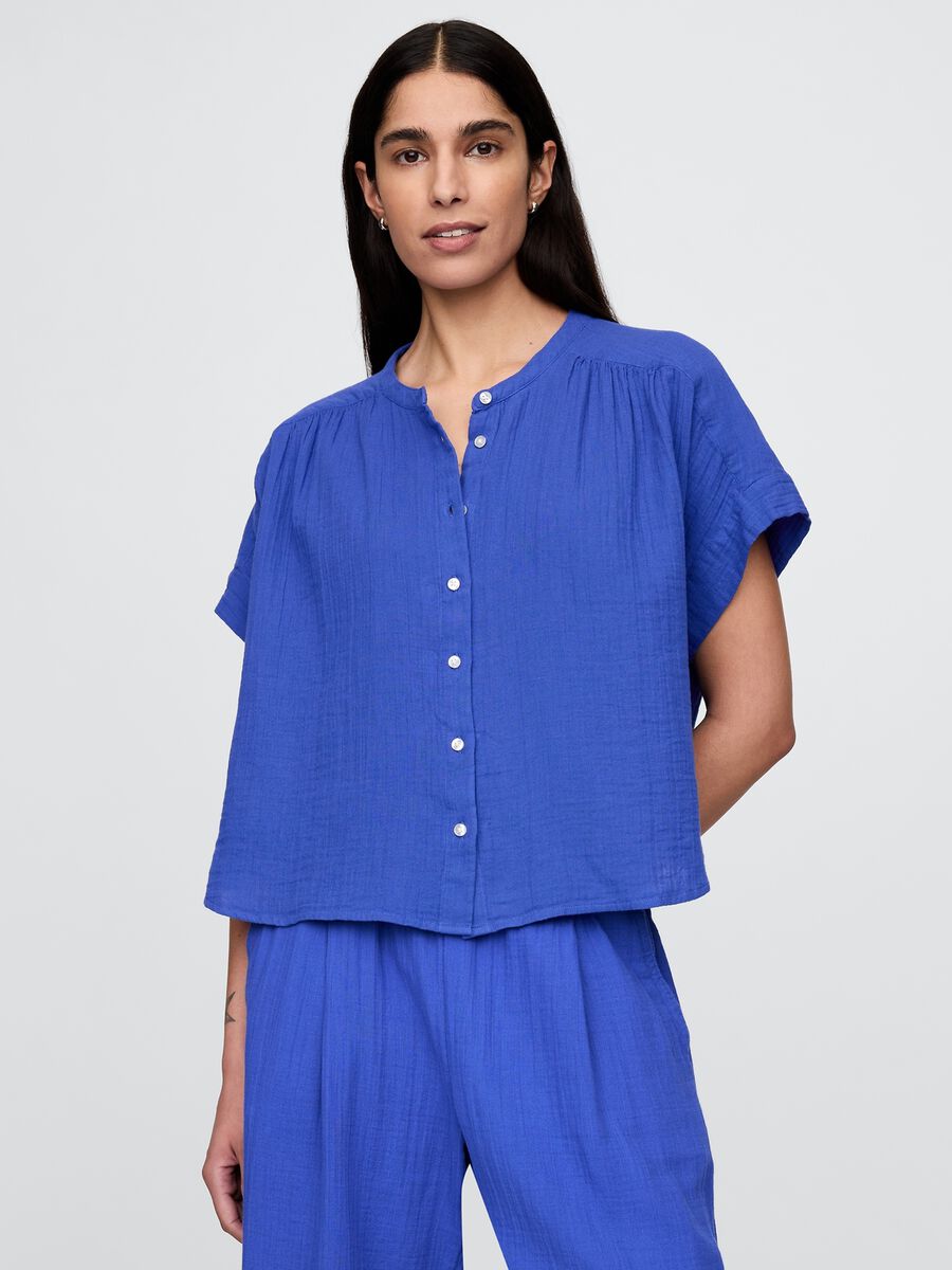 Blusa blu in misto cotone e viscosa con maniche corte Donna_0