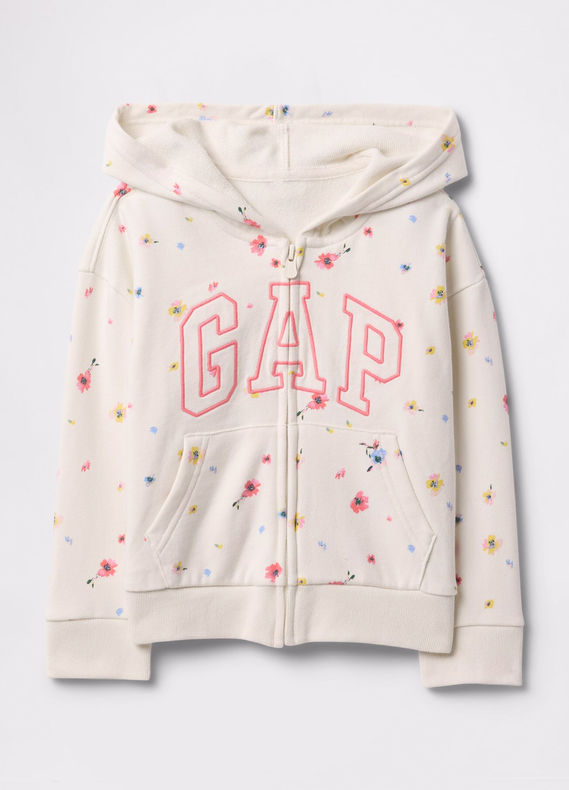 Full-zip bianca con cappuccio stampa fiori e ricamo logo