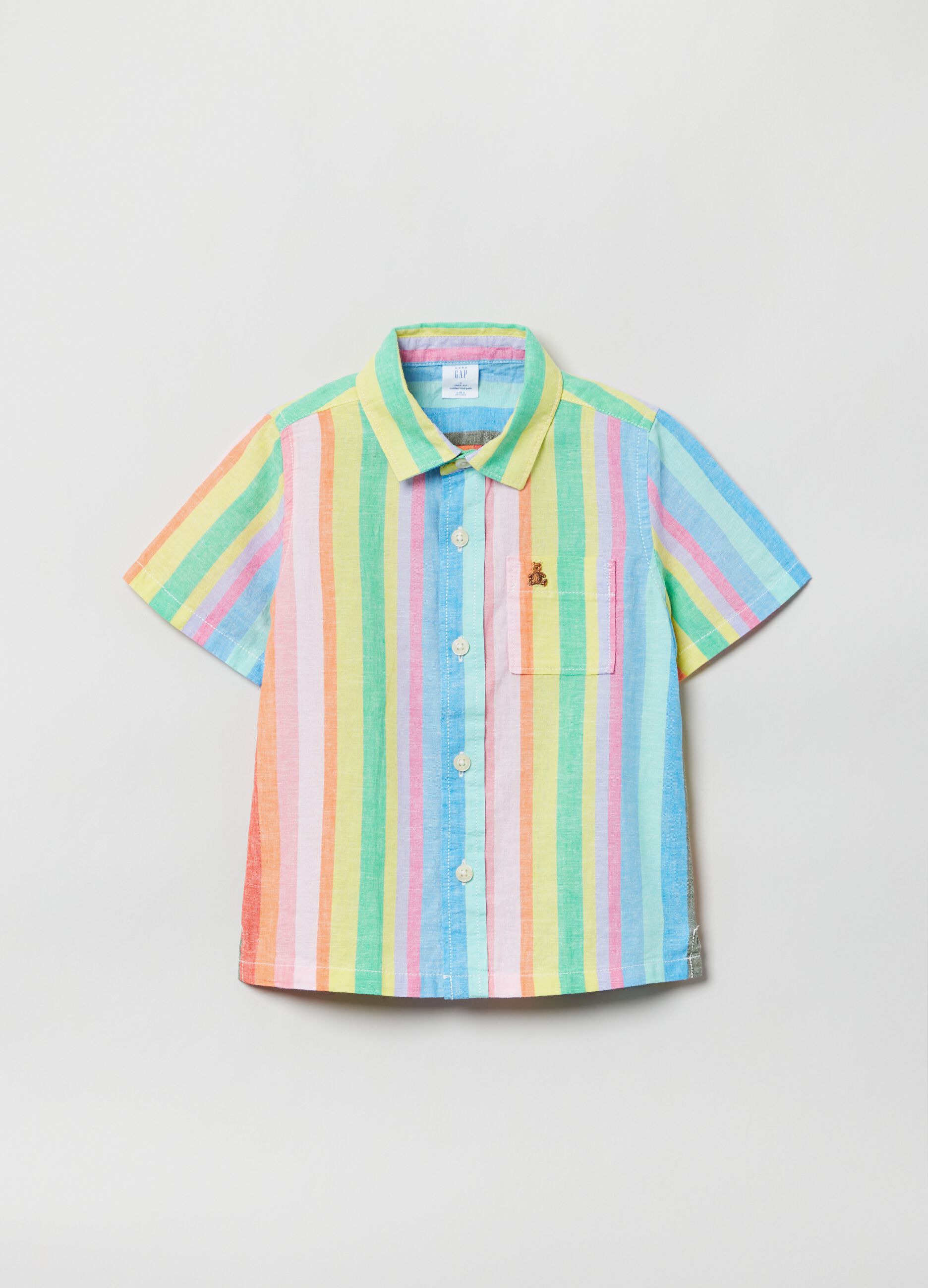 Striped linen and cotton shirt with short sleeves
